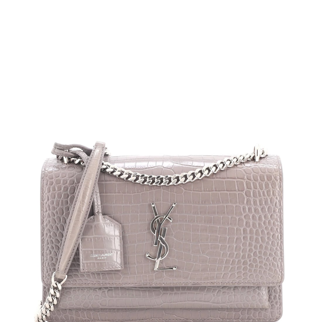 Laurent Saint Crocodile Embossed Leather Medium Crossbody Bag: Laurent Saint Crocodile Embossed Leather Medium Crossbody Bag Gray crocodile embossed leather medium crossbody bag with suede interior, featuring silver hardware and a classic design. The bag boasts
