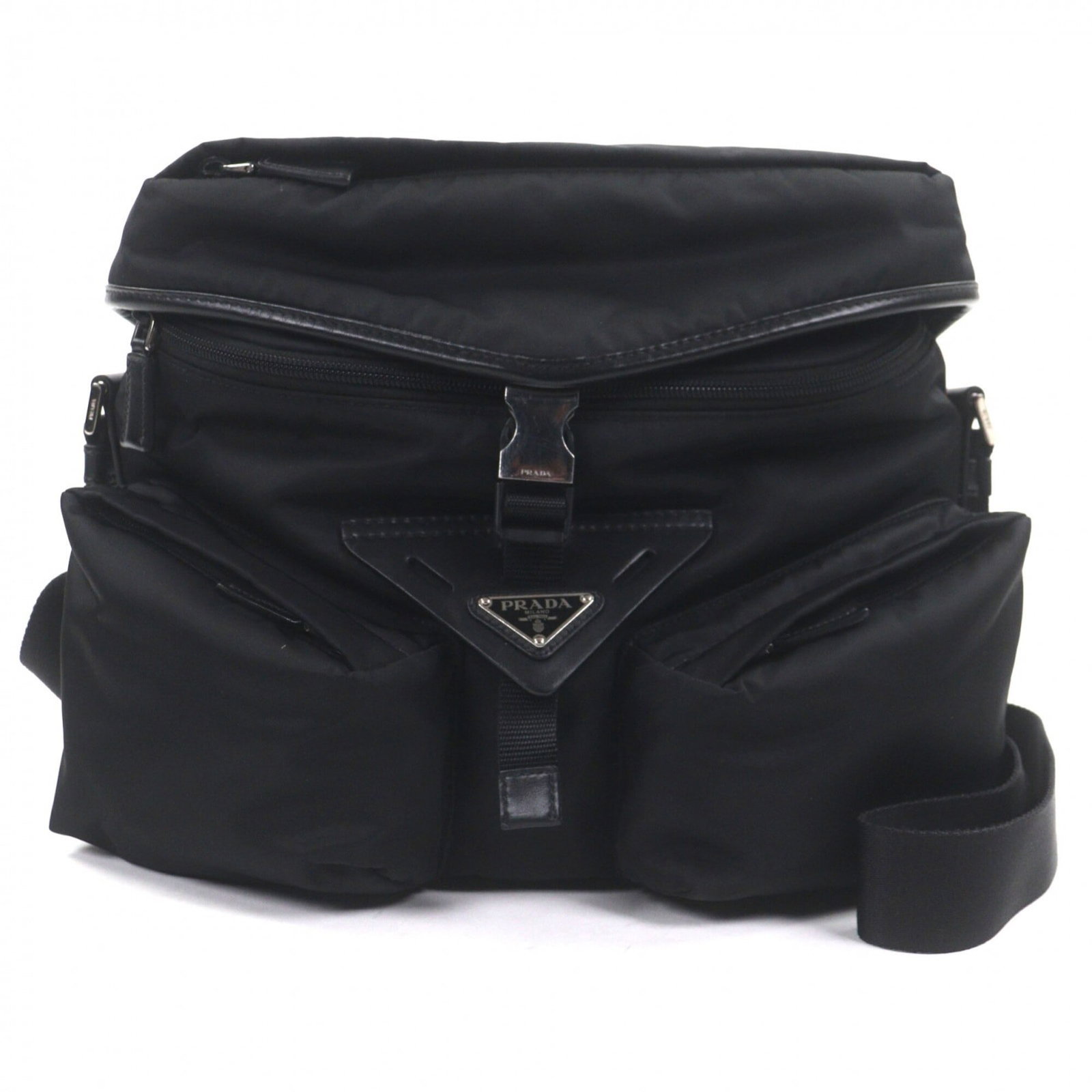 Shoulder Bag Nylon Leather Prada: Shoulder Bag Nylon Leather Prada Nylon and leather combine in this sleek black shoulder bag from Prada, featuring a zipper closure and adjustable strap. Measuring 25cm x 29cm x 15cm, it provides a