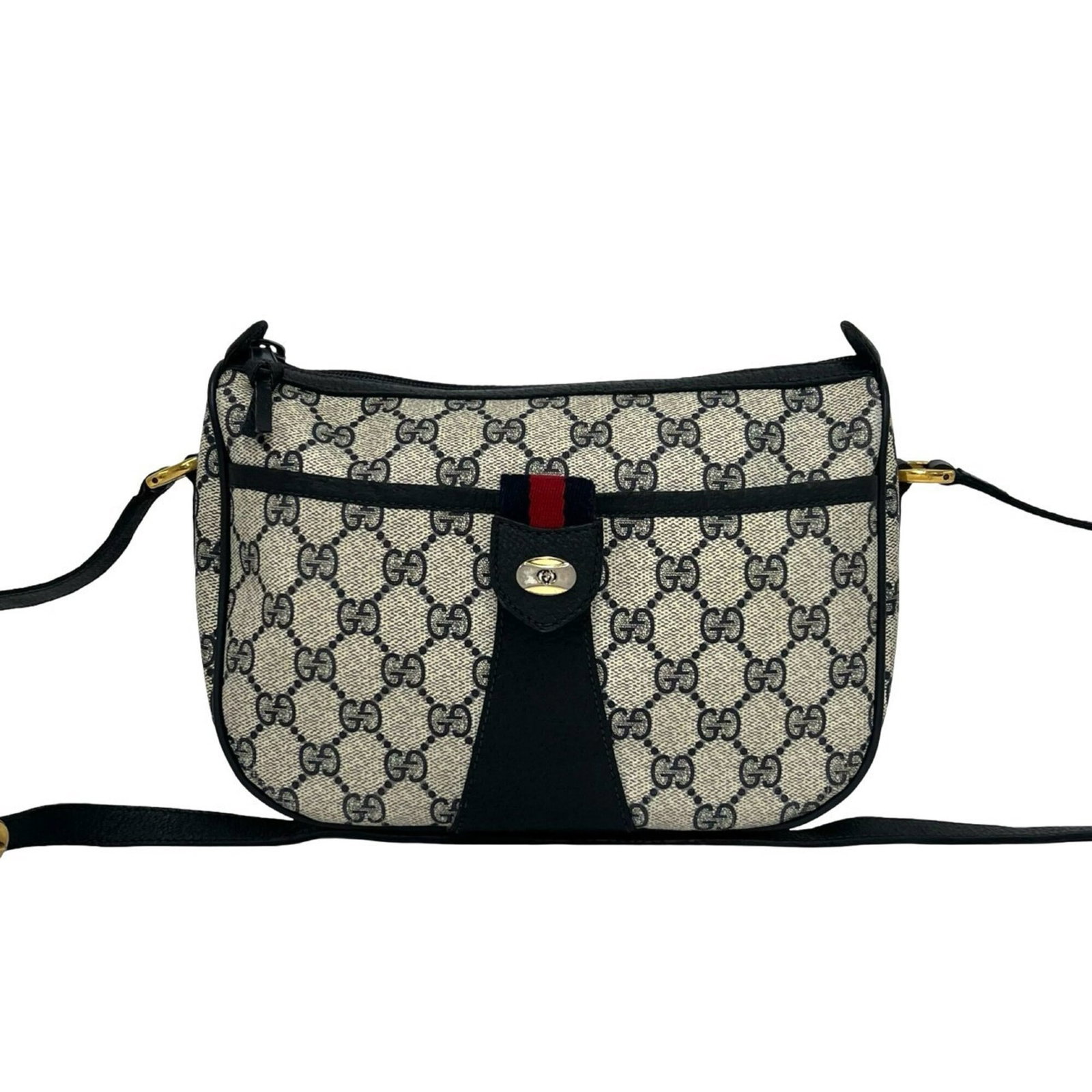 Shoulder Bag Leather Pvc Gucci Pochette: Shoulder Bag Leather Pvc Gucci Pochette Navy and red color accents add a pop of contrast to this sleek Gucci Pochette shoulder bag made from high-quality leather and PVC. Measuring 17.5cm x 22cm x 9cm