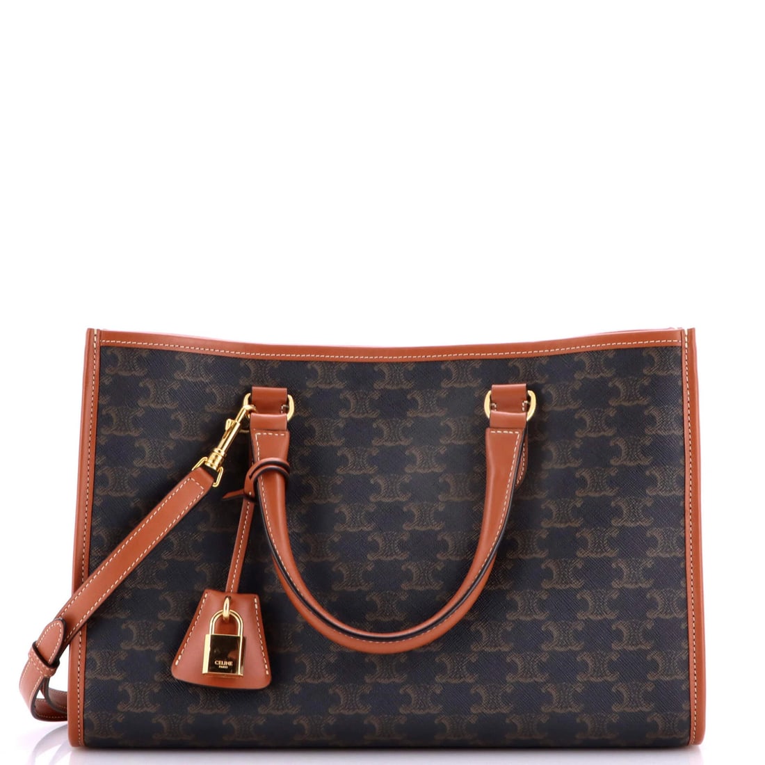 Triomphe Coated Canvas Mini Celine Tote Horizontal Cabas: Triomphe Coated Canvas Mini Celine Tote Horizontal Cabas Triomphe Coated Canvas Mini Celine Tote Horizontal Cabas - A stylish and compact tote with a rich, brown canvas exterior and gold hardware. Mea