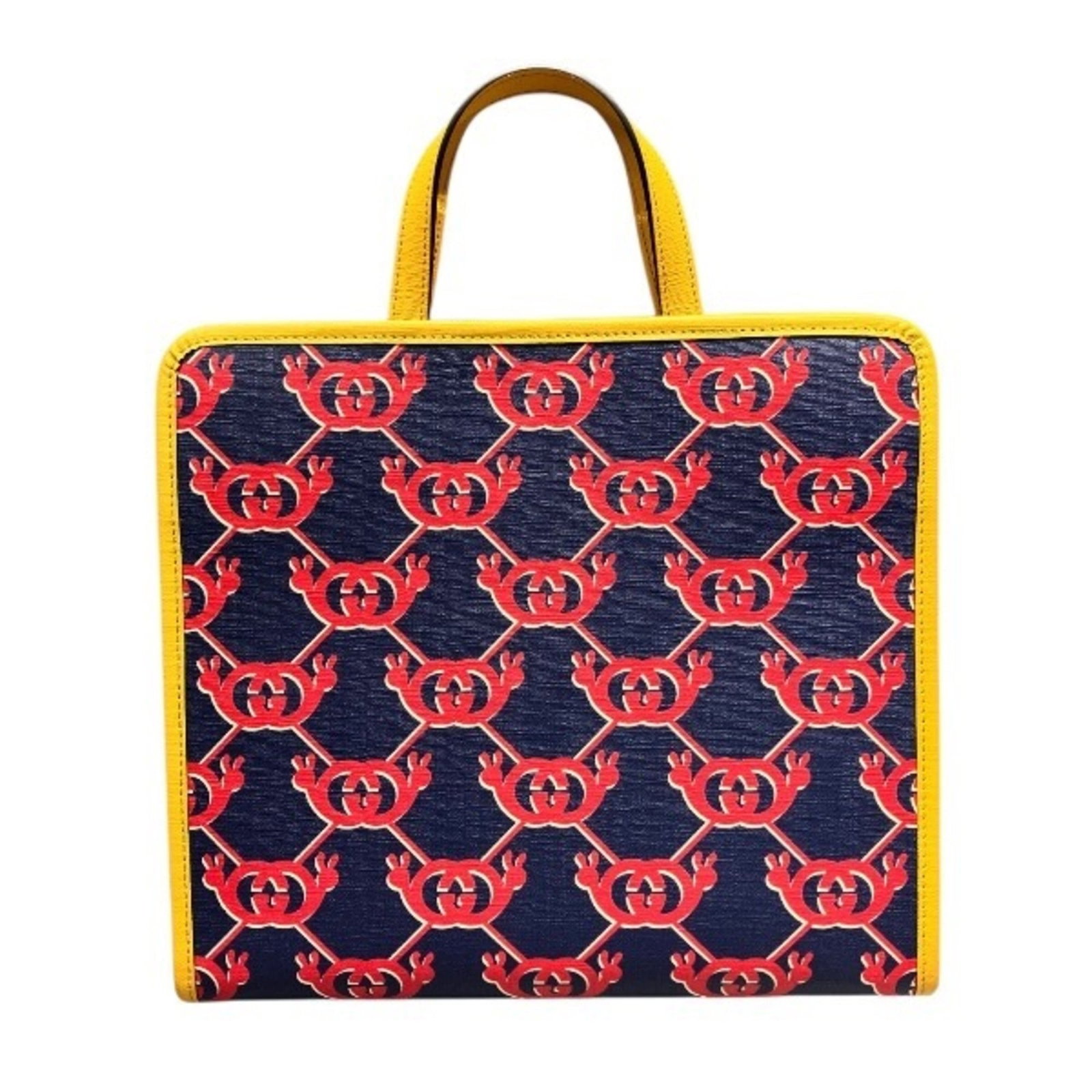 PVC Tote Bag Gucci: PVC Tote Bag Gucci Navy and yellow PVC Gucci tote bag with a unique design. Made from PVC material, this bag measures 26cm x 28cm x 10cm. The bag features a distinctive color combination and a