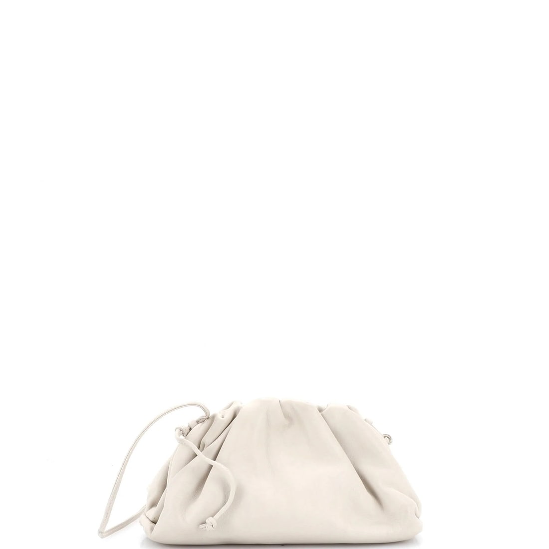Veneta Bottega Leather Mini Pouch: Veneta Bottega Leather Mini Pouch Neutral-colored leather mini pouch from Bottega Veneta, featuring a classic cross body design with a 22" gold strap drop. The exterior showcases minor scuffs and