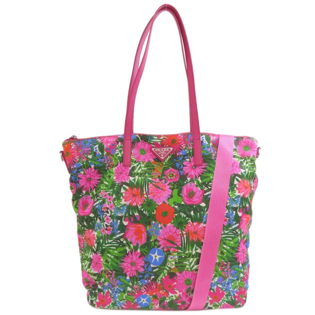 Logo Tote Bag Nylon Flower Prada Hardware 2Way: Logo Tote Bag Nylon Flower Prada Hardware 2Way Pink nylon tote bag with Prada hardware and a 2-way design. This stylish bag features a bold pink exterior and is made from high-quality nylon. Item