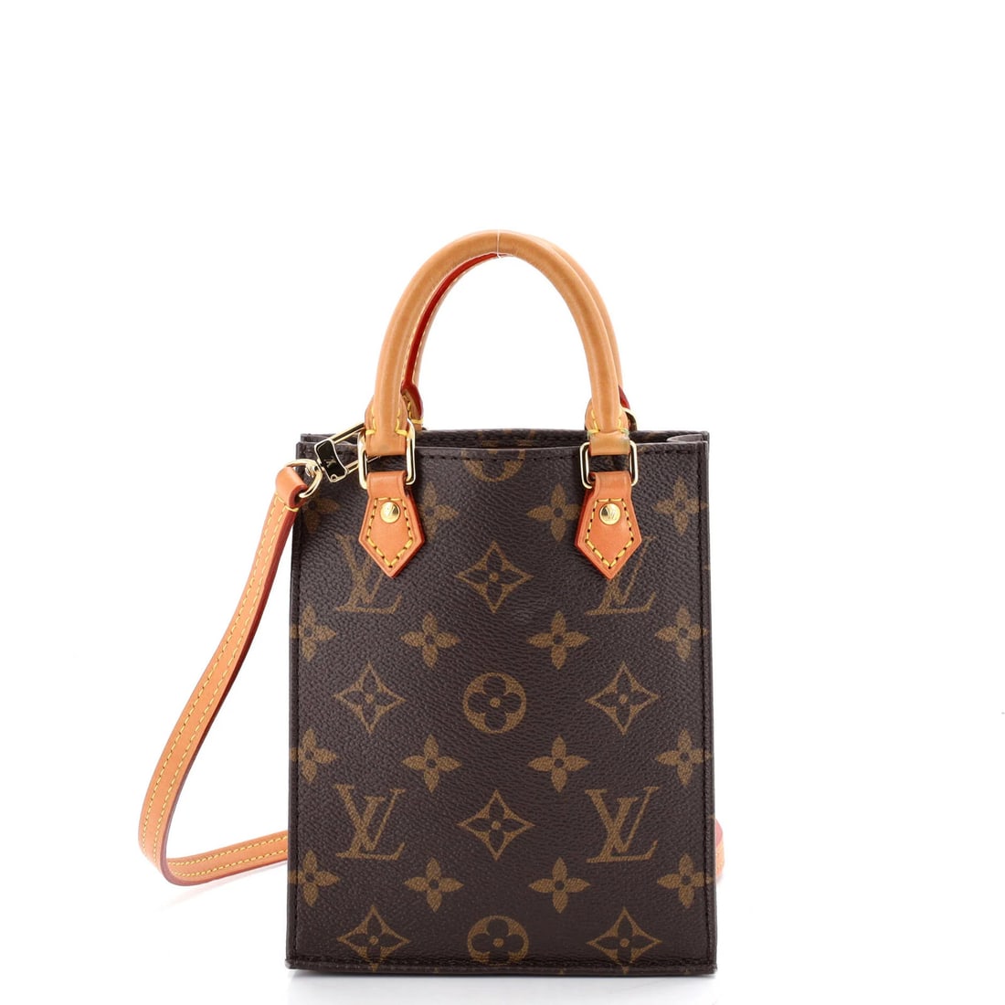 Sac Bag Monogram Canvas Petit Louis Vuitton: Sac Bag Monogram Canvas Petit Louis Vuitton Brown canvas coated Louis Vuitton Petit Sac Plat bag with gold hardware, featuring a classic monogram canvas design. The bag has a cross body style with a 2