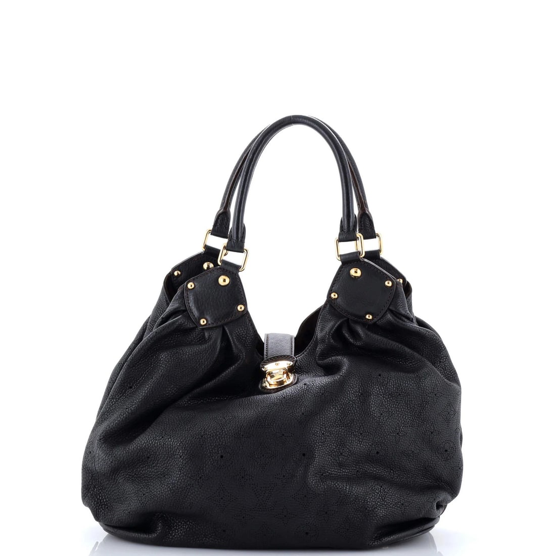 L Hobo Leather Vuitton Louis Mahina: L Hobo Leather Vuitton Louis Mahina Black L Hobo Leather Vuitton Louis Mahina with gold hardware, featuring a classic design and microfiber interior in brown, measures 12" tall and 13.5" wide, with