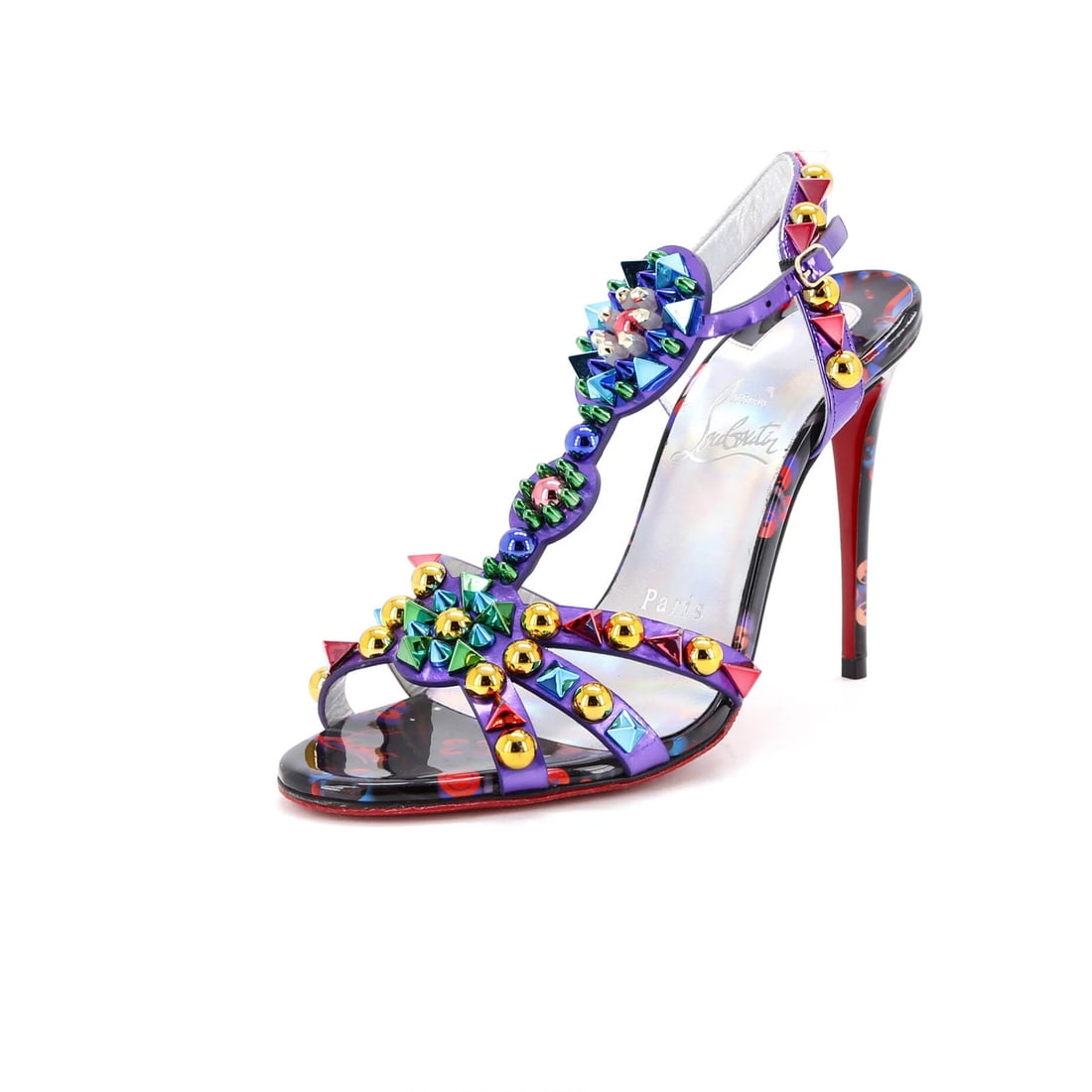 Christian Louboutin Women's Goldora Heeled Sandals Studded Patent: Christian Louboutin Women's Goldora Heeled Sandals Studded Patent Patent leather upper in a vibrant multicolor print, adorned with gold studs, adds a touch of glamour to these Christian Louboutin