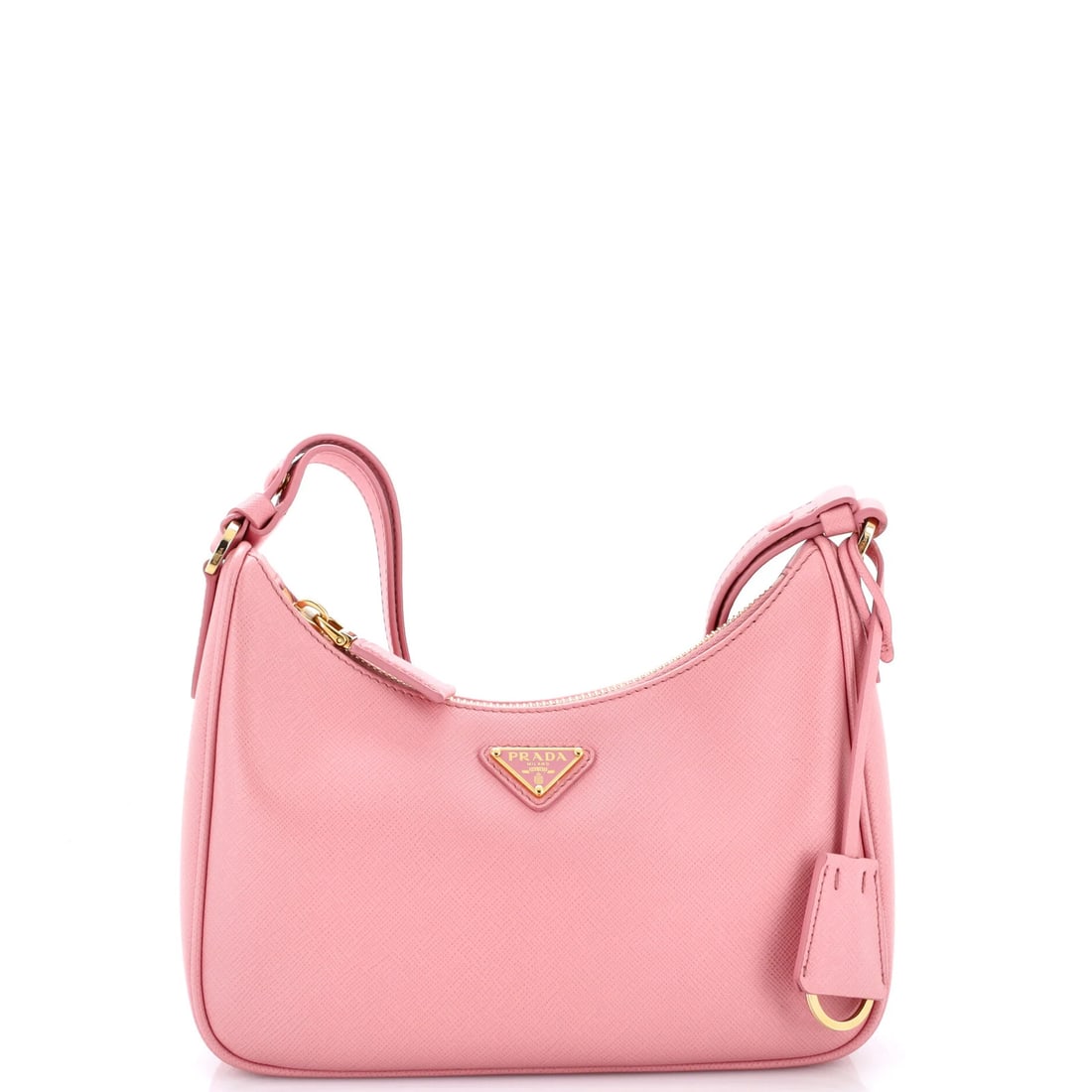 Saffiano Leather Hobo Re Edition Prada: Saffiano Leather Hobo Re Edition Prada Pink Saffiano Leather Hobo Mini Bag from Prada's Re-Edition Collection, featuring a classic shoulder design with minor creases on the exterior and interior. The 
