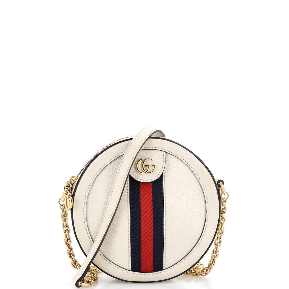 Gucci Ophidia Round Shoulder Bag Leather Mini: Gucci Ophidia Round Shoulder Bag Leather Mini Gucci's Ophidia Round Shoulder Bag Leather Mini boasts a neutral exterior with minor creases, while its interior features microfiber lining and gold