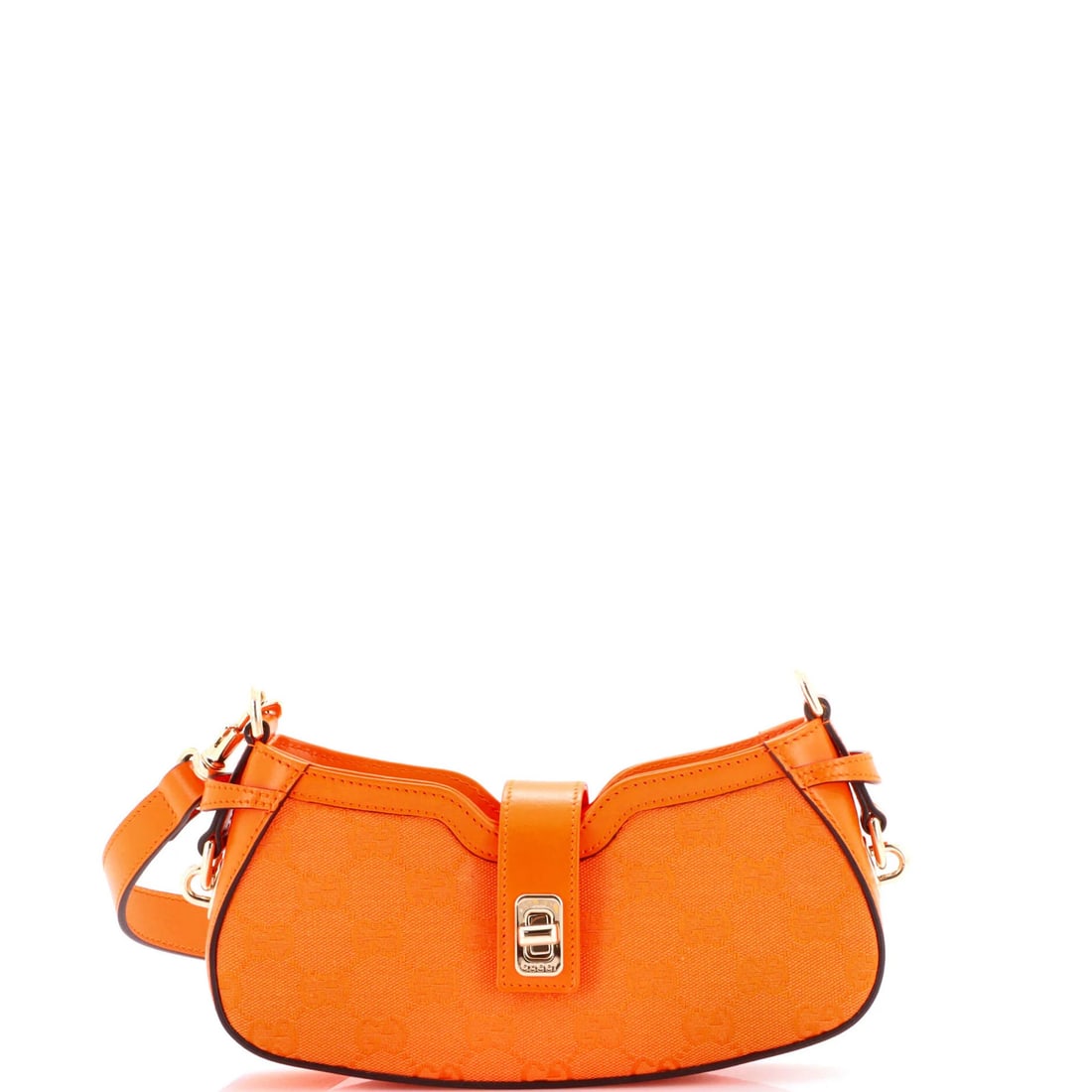 Moon Side Bag GG Canvas Mini Gucci: Moon Side Bag GG Canvas Mini Gucci Orange canvas exterior, gold tone hardware, and vibrant interior make this Gucci Moon Side Bag a statement piece. Measuring 4" x 9" x 1.5", it's a compact mini