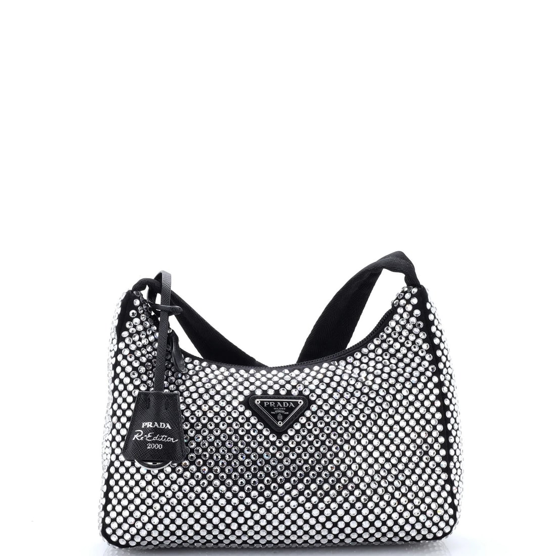 Crystal Satin Embellished Hobo Mini Re Edition Prada: Crystal Satin Embellished Hobo Mini Re Edition Prada Crystal Satin Embellished Hobo Mini Re Edition Prada - A stunning miniature version of the iconic Prada Hobo, this crystal satin embellished mini