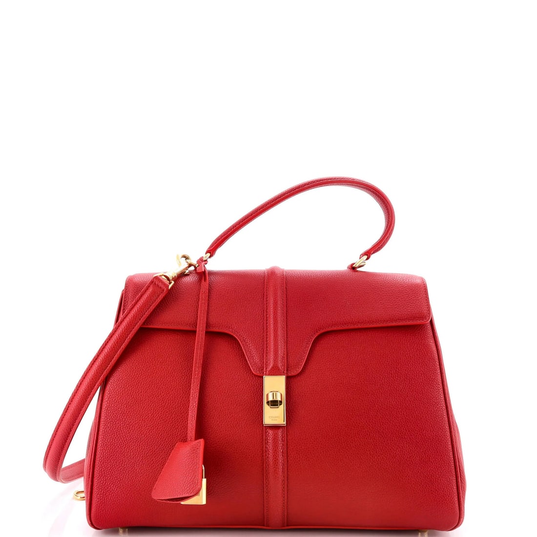 Calfskin Top Handle Bag Celine 16 Grained Medium: Calfskin Top Handle Bag Celine 16 Grained Medium Calfskin Top Handle Bag in rich red leather, featuring a classic 16-grained medium design from Celine. With its sturdy gold hardware and structured