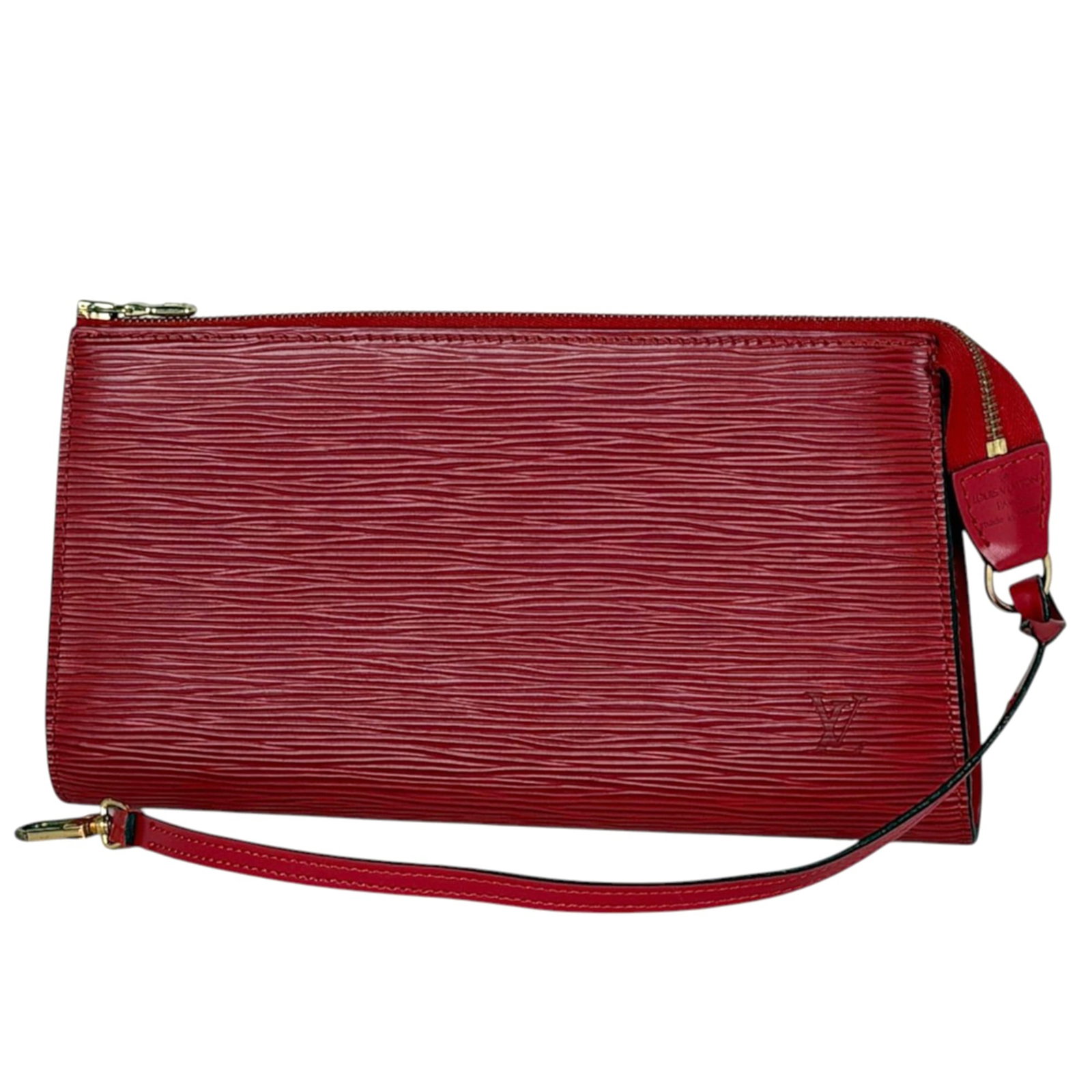 Epi Leather Pochette Pouch Louis Vuitton: Epi Leather Pochette Pouch Louis Vuitton Castilian red Epi leather wraps around the pochette pouch, adding a pop of vibrant color to this classic Louis Vuitton design. The structured shape and