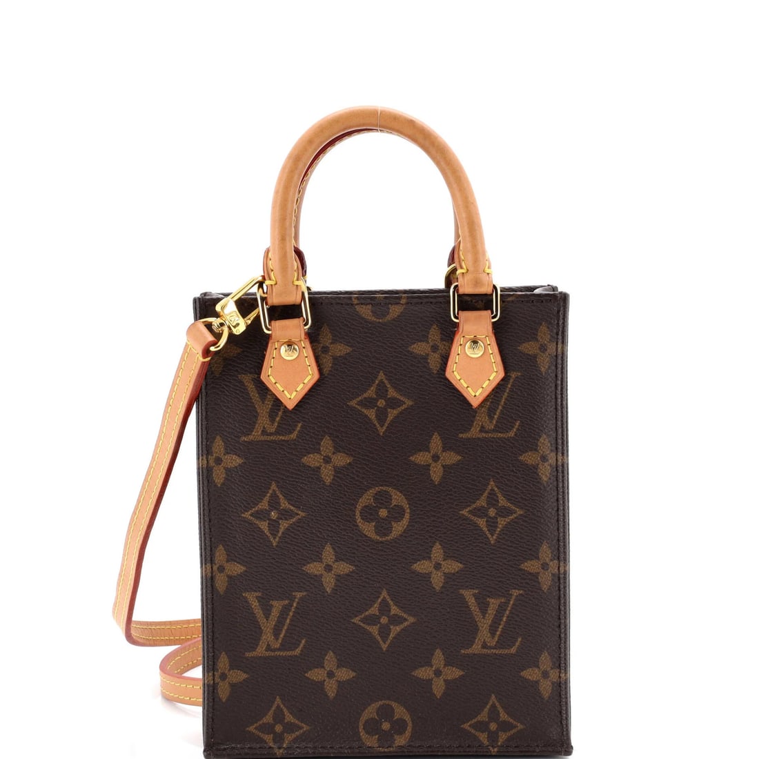 Sac Bag Monogram Canvas Petit Louis Vuitton: Sac Bag Monogram Canvas Petit Louis Vuitton Brown canvas coated Louis Vuitton Petit Sac Plat bag with gold hardware, featuring a classic monogram canvas design. The bag has a cross body style with a 2