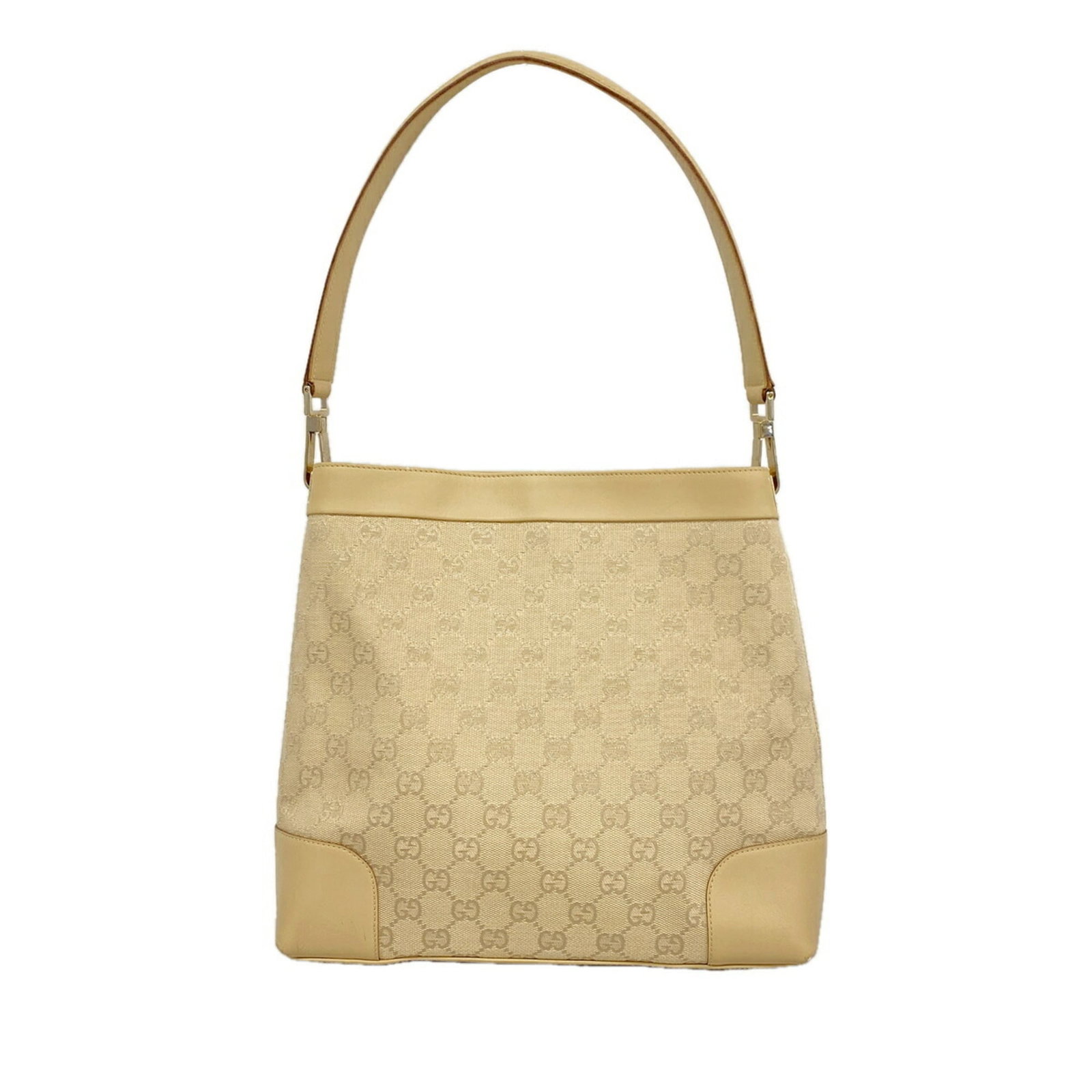 Shoulder Bag Canvas: Shoulder Bag Canvas Canvas shoulder bag in beige, featuring gold hardware, with dimensions of 26cm x 27.5cm x 7cm. This Gucci MPN 33900 bag is made from canvas material and boasts a classic design. Th