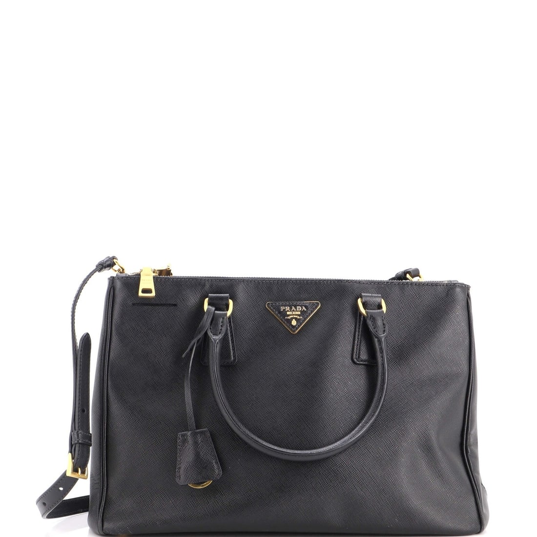 Saffiano Leather Lux Prada Double Medium Tote Zip: Saffiano Leather Lux Prada Double Medium Tote Zip Saffiano Leather Lux Prada Double Medium Tote Zip is a classic double zip tote in black Saffiano leather, featuring a spacious interior and gold hardw