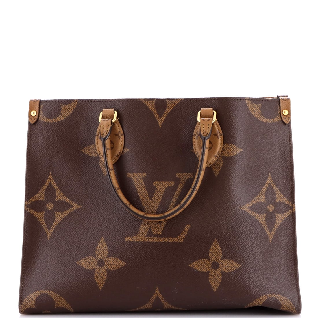 Louis Vuitton OnTheGo Tote Reverse Monogram Giant MM: Louis Vuitton OnTheGo Tote Reverse Monogram Giant MM Brown Louis Vuitton OnTheGo Tote Reverse Monogram Giant MM features a classic canvas coated exterior with a signature reverse monogram pattern. Mea