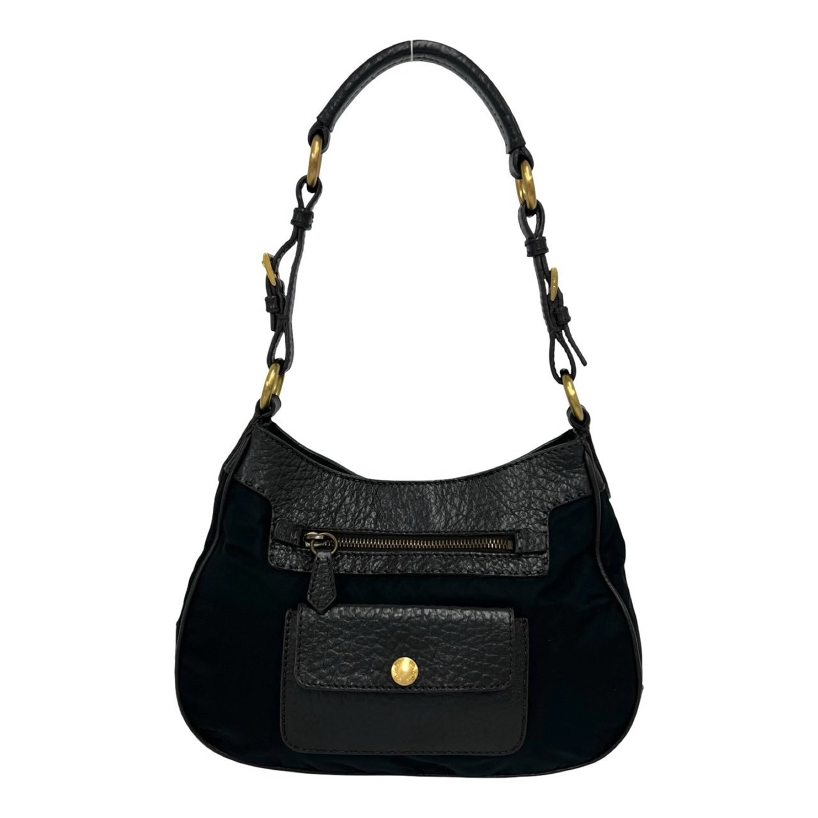 Nylon Leather Tote Prada Shoulder Bag: Nylon Leather Tote Prada Shoulder Bag Prada Nylon Leather Shoulder Bag Features a Classic Black and Brown Design, with a 20cm x 28cm x 8cm Size. Made from High-Quality Nylon and Leather Materials,