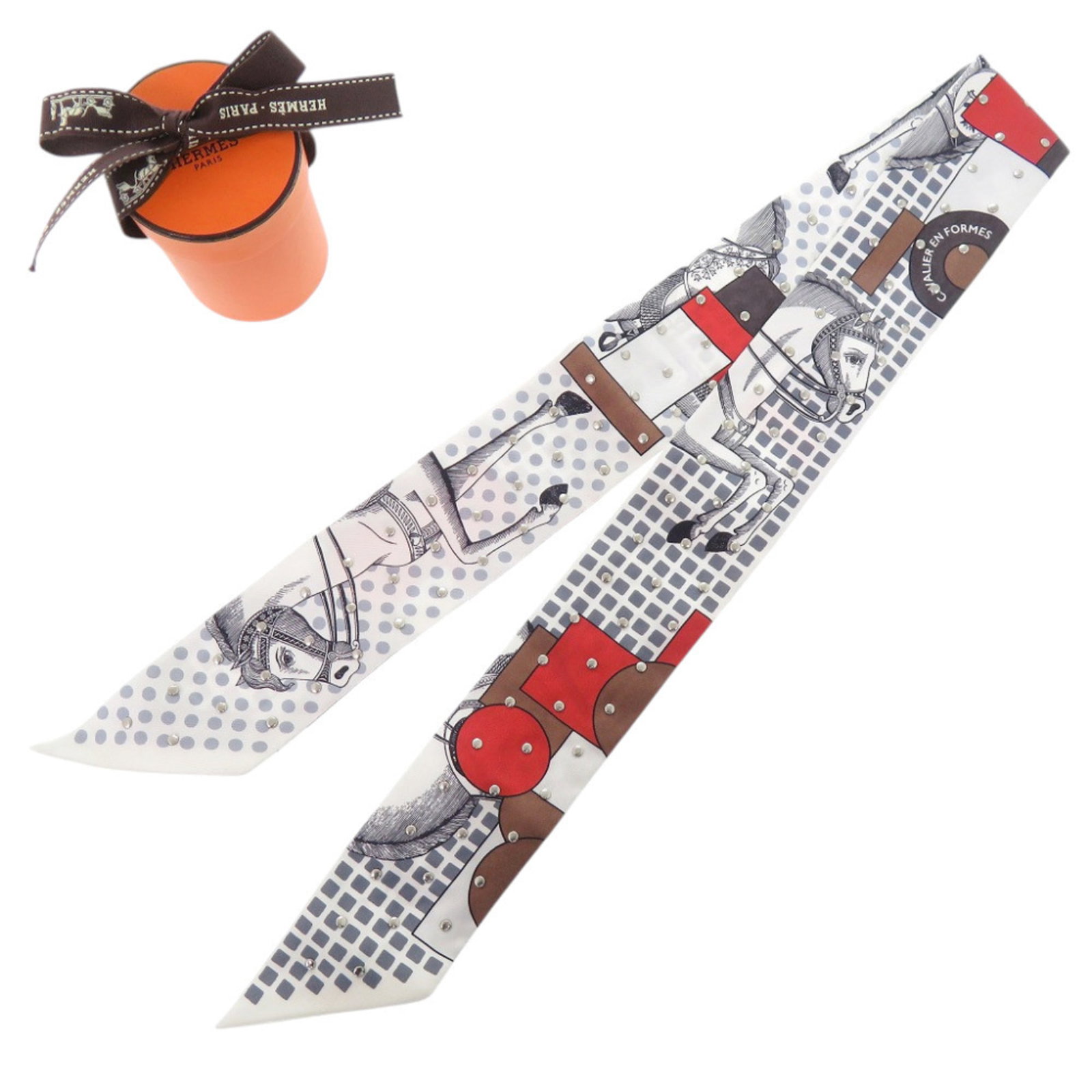 Silk Hermes Scarf: Silk Hermes Scarf Silk from France, this Hermes scarf features a classic brown and white color combination, presented in a compact 5cm width. Made from high-quality silk, its 85cm length makes it a ve