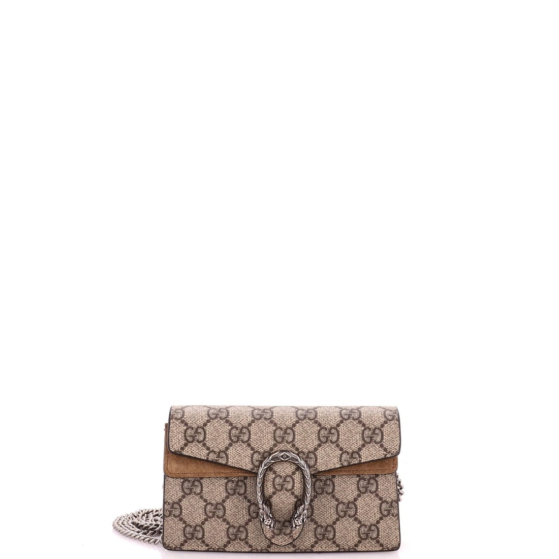 Coated Canvas GG Dionysus Super Mini Gucci Bag: Coated Canvas GG Dionysus Super Mini Gucci Bag The Gucci Dionysus Super Mini is a compact, cross-body bag with a canvas coated exterior in brown, finished with a silver key ring and adjustable strap.