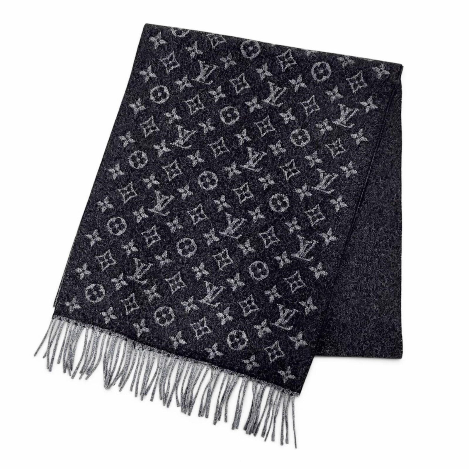 Cashmere Wool Stole Louis Vuitton: Cashmere Wool Stole Louis Vuitton Cashmere wool stole from Louis Vuitton, crafted from high-quality cashmere and wool, features a sleek black and gray design. Measuring 1.8m x 36cm, this stole is a