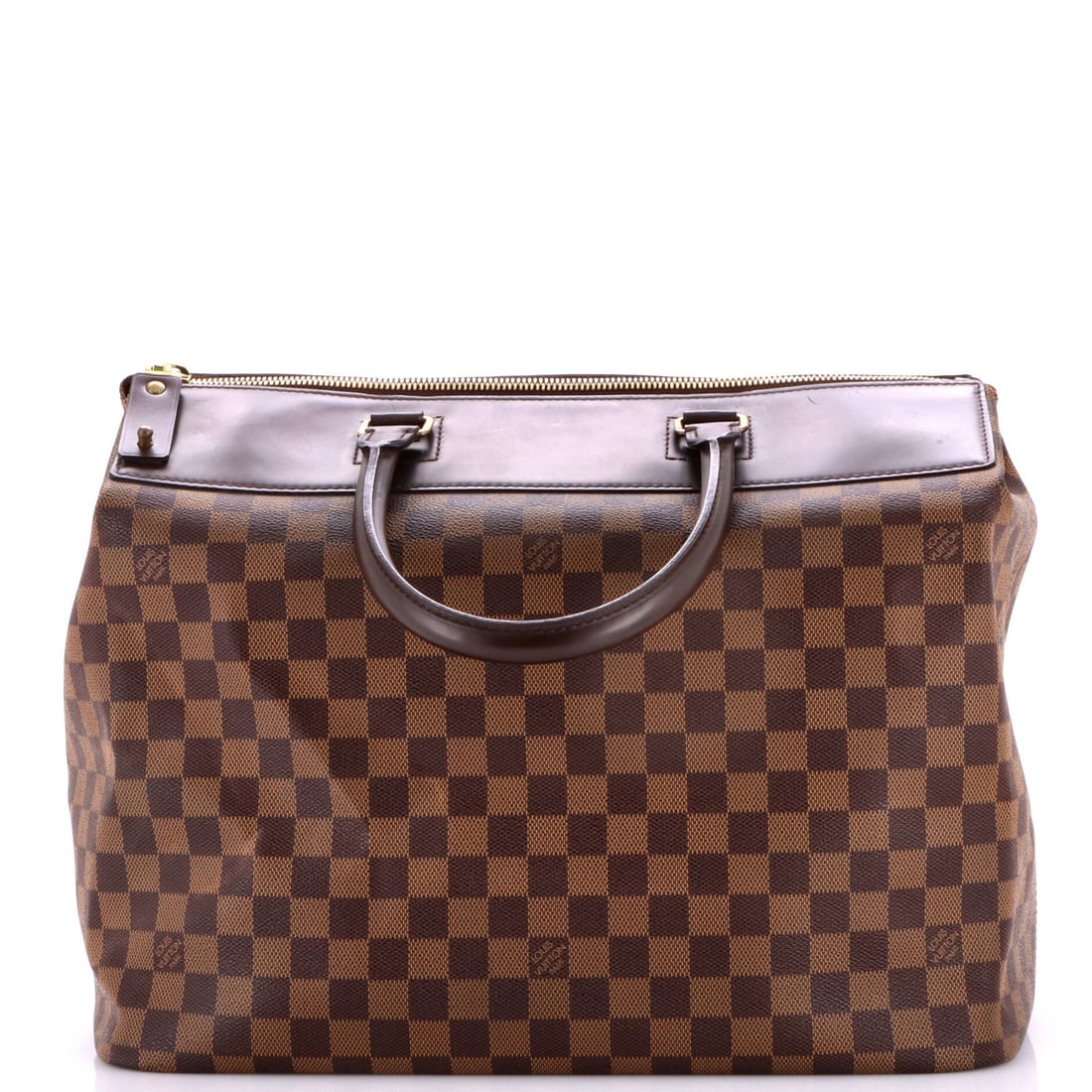 Damier PM Louis Vuitton Travel Bag: Damier PM Louis Vuitton Travel Bag Brown Damier PM Louis Vuitton Travel Bag, featuring a canvas-coated exterior with heavy edge wear, creases, and scuffs, measures 13" tall, 15" wide, and 9" deep,