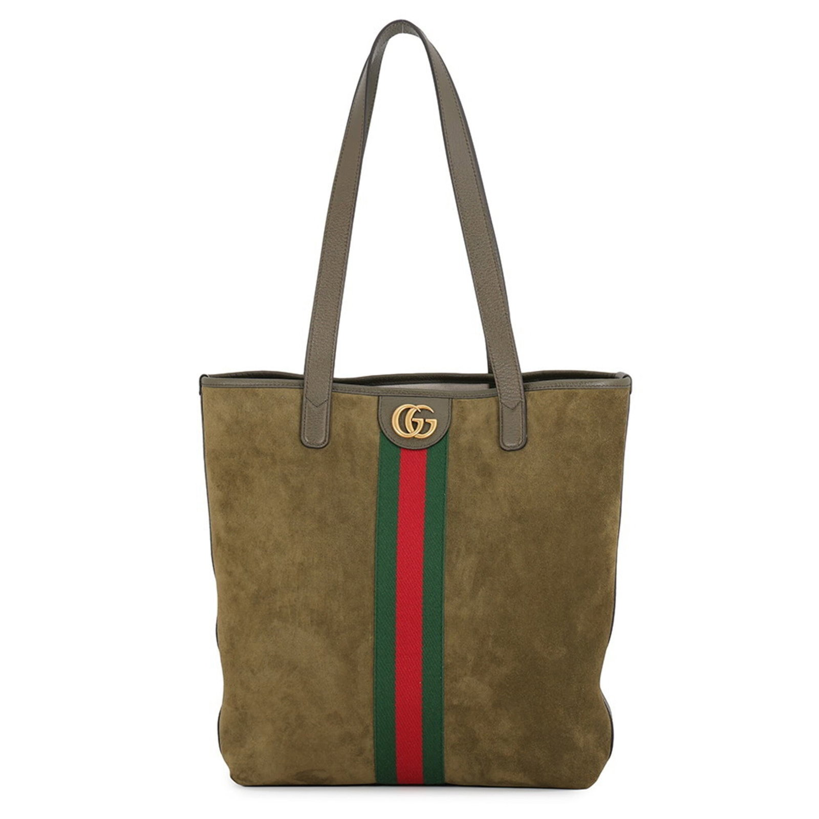 Suede Gucci Tote Handbag: Suede Gucci Tote Handbag Suede Gucci Tote Handbag in Khaki Color with Gold Hardware, Open Closure, and 36cm x 31cm x 12.5cm Dimensions. This Italian-made tote features genuine suede material and gold 
