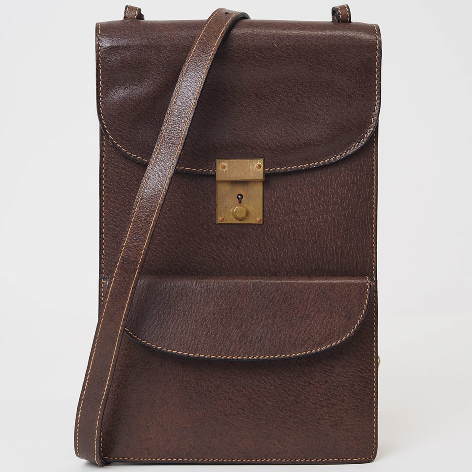 Shoulder Bag Leather: Shoulder Bag Leather Brown leather shoulder bag with a slide lock closure, featuring a zipper pocket and a snap pocket, and a key attached to the strap. The bag measures 29cm x 18.5cm x 3cm and has a