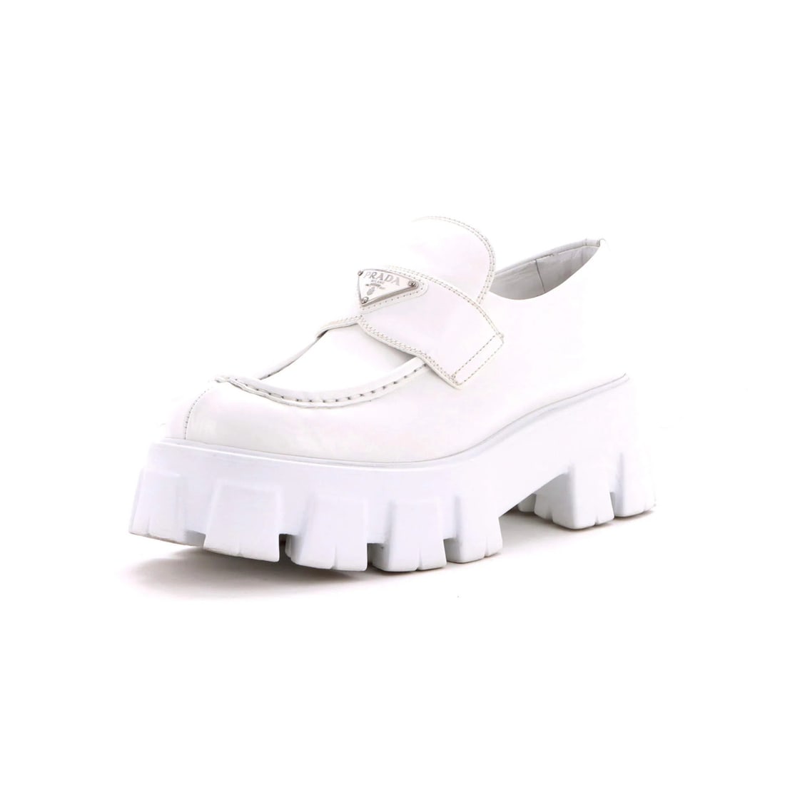 Women's Monolith Leather Loafers Prada: Women's Monolith Leather Loafers Prada White Monolith Leather Loafers from Prada feature a sleek, all-leather design with silver hardware. The shoes showcase a classic style with minor imperfections,