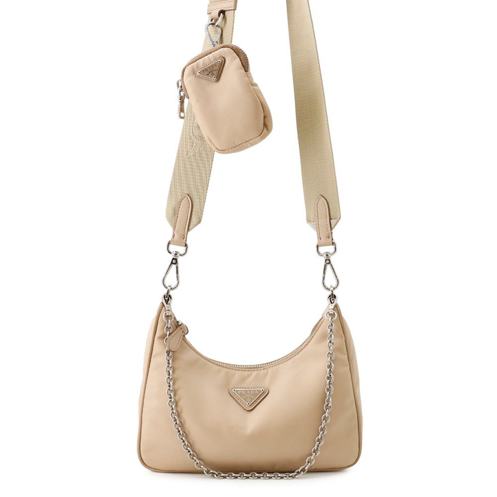 Shoulder Bag Nylon Handbag Prada: Shoulder Bag Nylon Handbag Prada Nylon shoulder bag from Prada, featuring a beige color and silver hardware. Made from durable nylon, this 16.5cm x 22cm x 6.5cm bag weighs 310g and has a strap length
