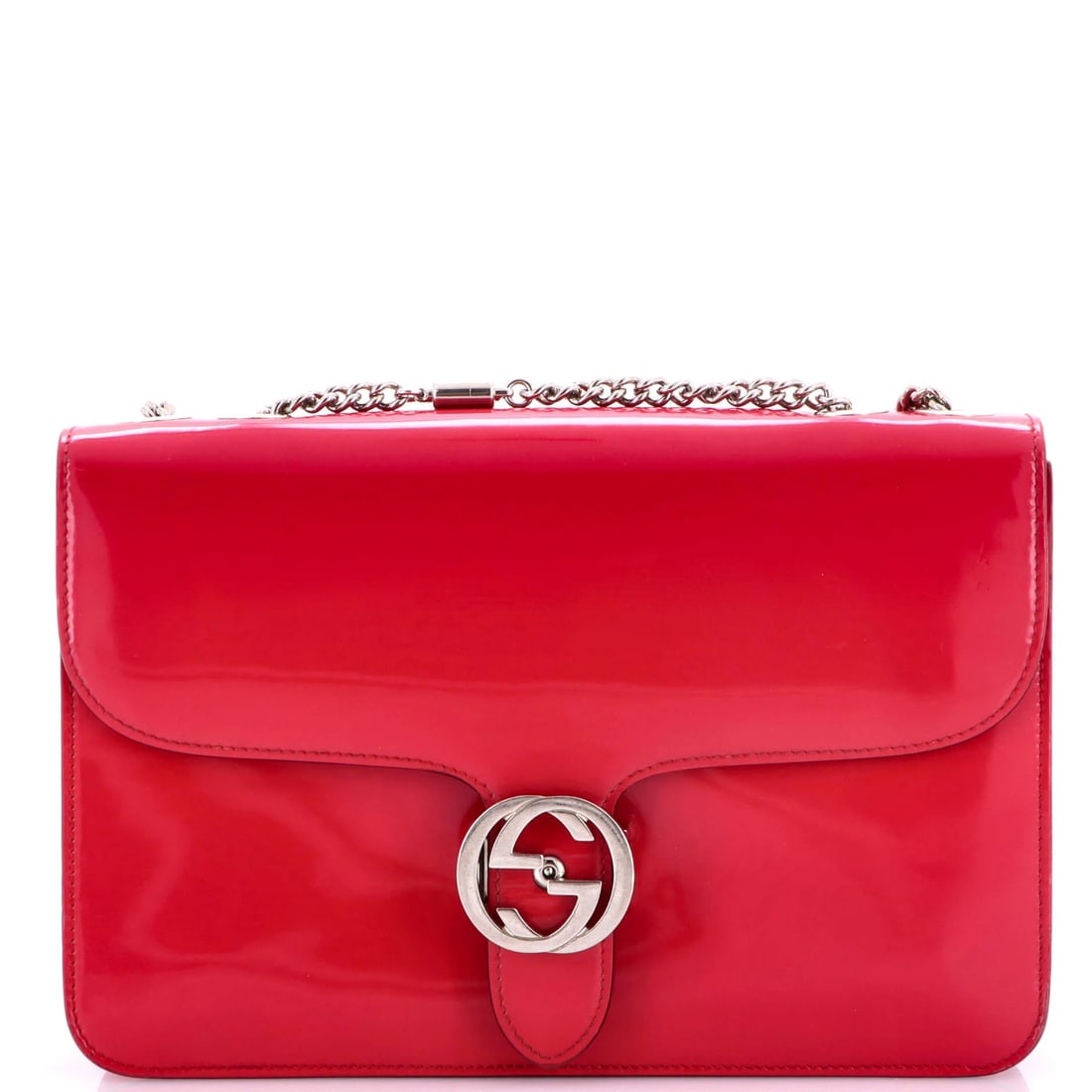 Patent Medium Gucci Interlocking Shoulder Bag: Patent Medium Gucci Interlocking Shoulder Bag Pink patent leather Gucci Interlocking Shoulder Bag in medium size, featuring a classic design with scuffs, cracking, and minor creases on the exterior,