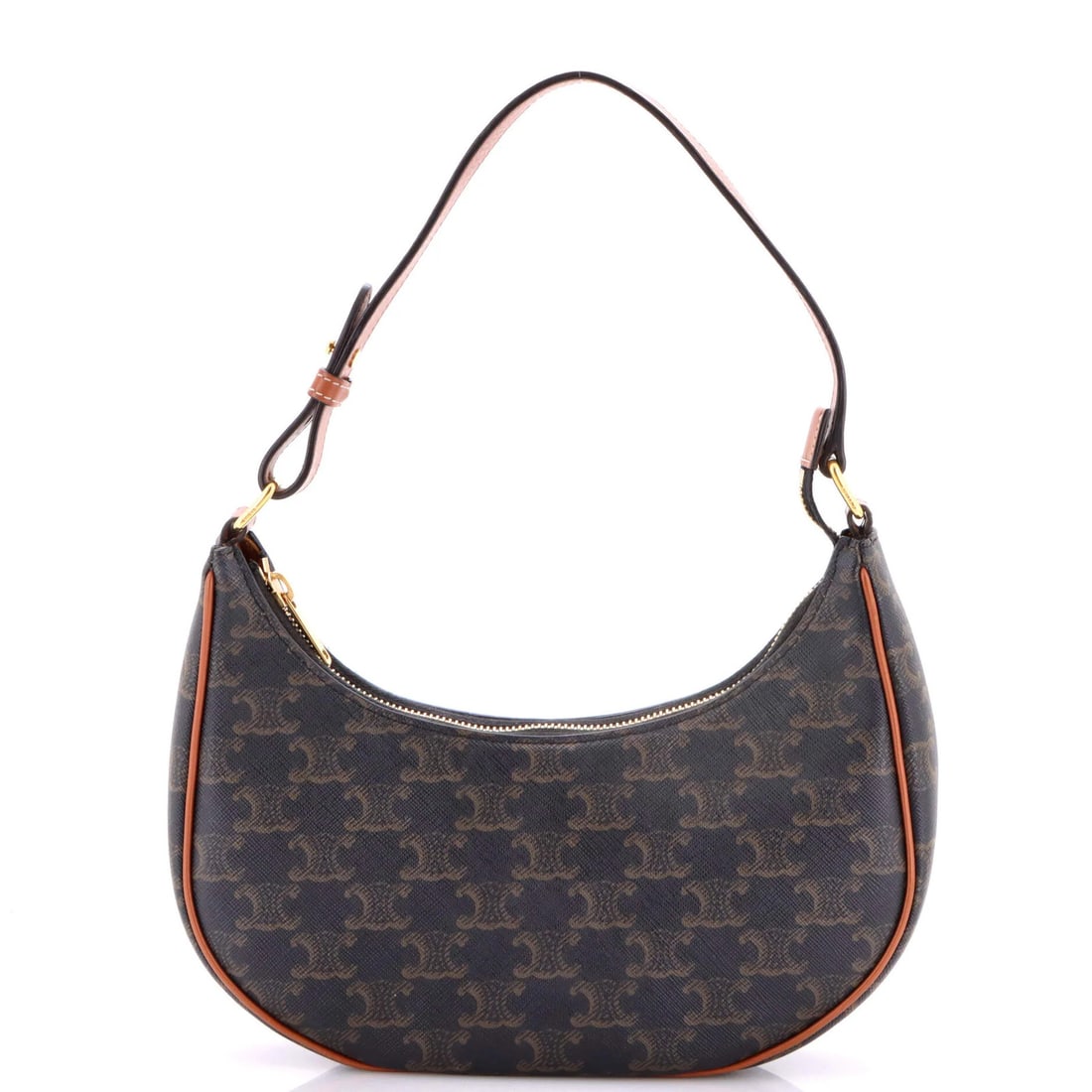 Celine Ava Bag Triomphe Coated Canvas: Celine Ava Bag Triomphe Coated Canvas The Celine Ava Bag Triomphe Coated Canvas boasts a rich, brown canvas exterior with a gold-tone hardware finish, adding a touch of sophistication to any outfit.