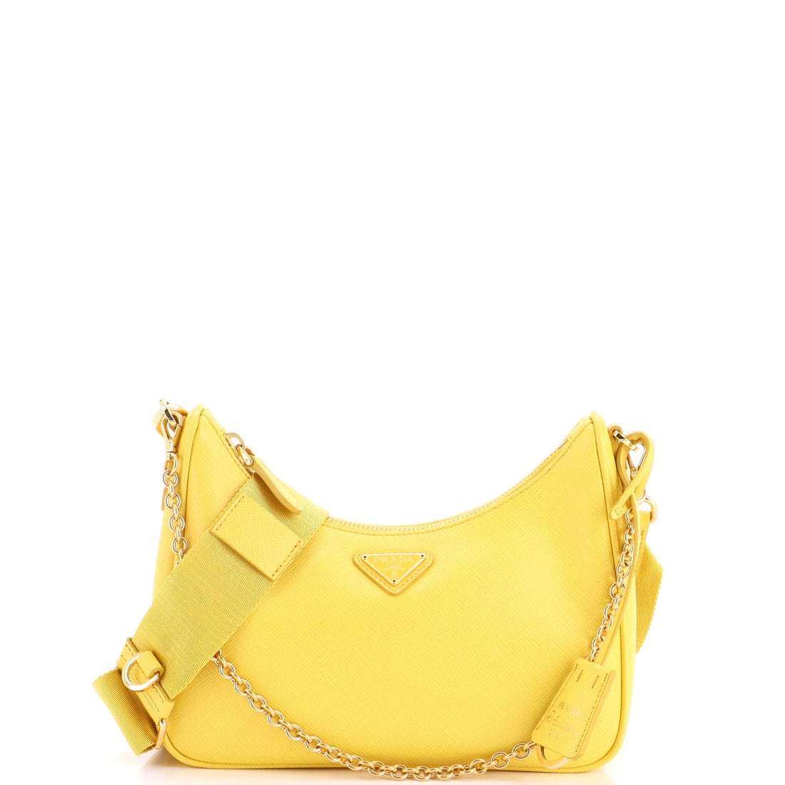 Saffiano Leather Small Prada Re-Edition 2005 Shoulder Bag: Saffiano Leather Small Prada Re-Edition 2005 Shoulder Bag Saffiano Leather Small Prada Re-Edition 2005 Shoulder Bag in excellent condition, featuring a vibrant yellow exterior with minor creases and g