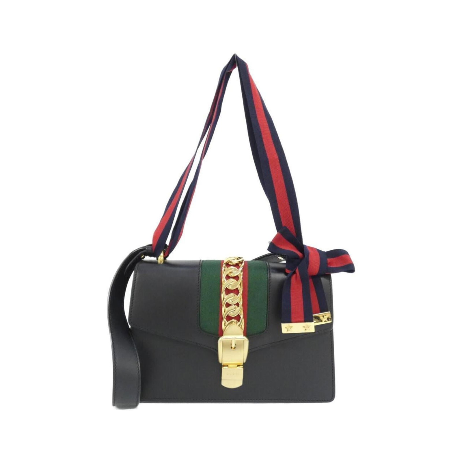 Shoulder Bag Leather: Shoulder Bag Leather Black leather shoulder bag from the Gucci Sylvie line, measuring 17cm x 26cm x 8cm. This stylish bag features high-quality leather construction and a sleek design. The bag's