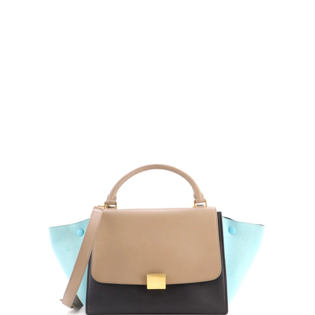 Trapeze Bag Small Leather Celine Tricolor: Trapeze Bag Small Leather Celine Tricolor Small Leather Celine Tricolor Trapeze Bag in Blue with Brown Accents, featuring a classic top handle design and aged gold hardware. Measuring 8.5" tall,