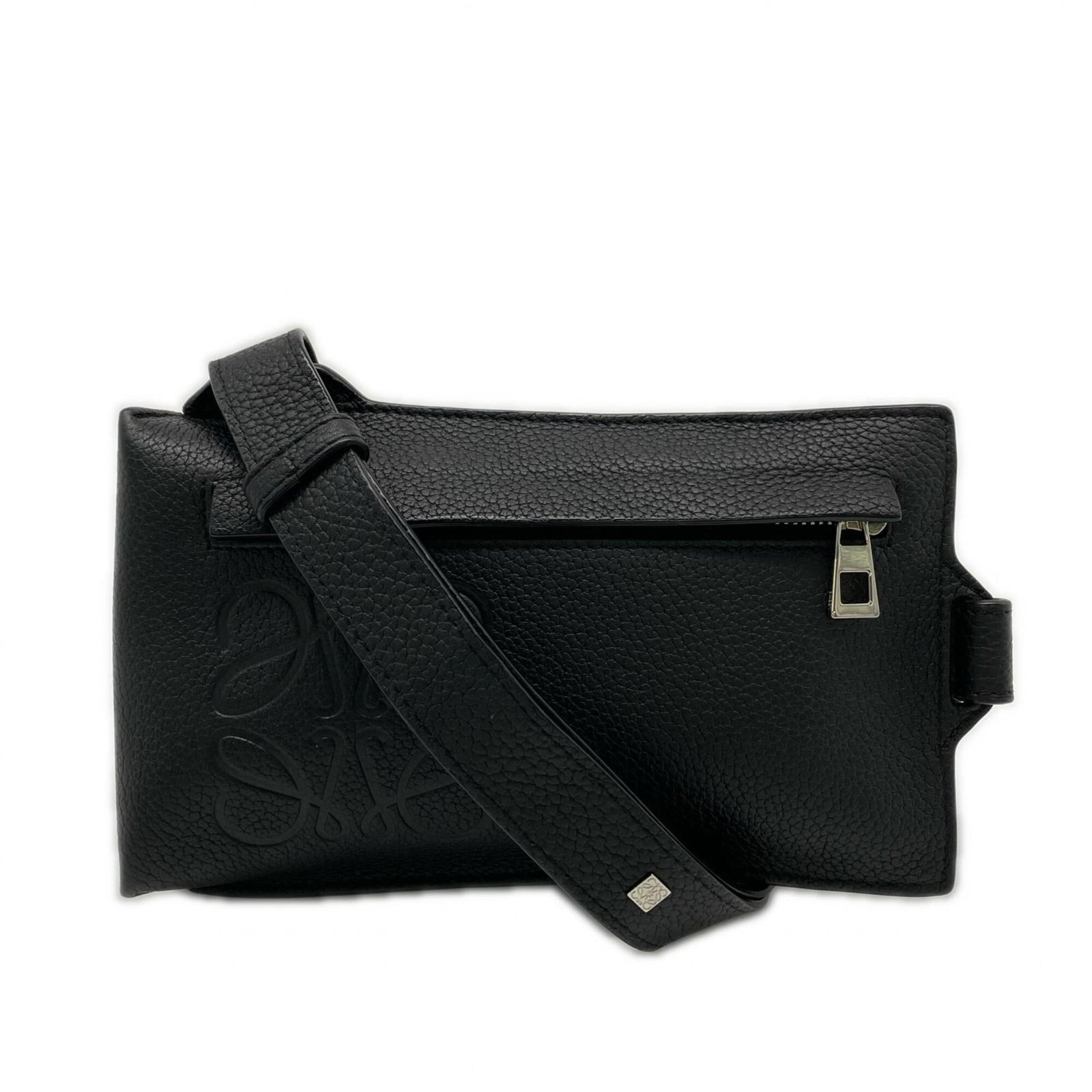 Shoulder Bag Leather Sling Loewe: Shoulder Bag Leather Sling Loewe Black leather shoulder bag with a sleek, modern design, featuring a slim profile and adjustable strap. The bag measures 12.5cm x 21cm x 1cm and is made from