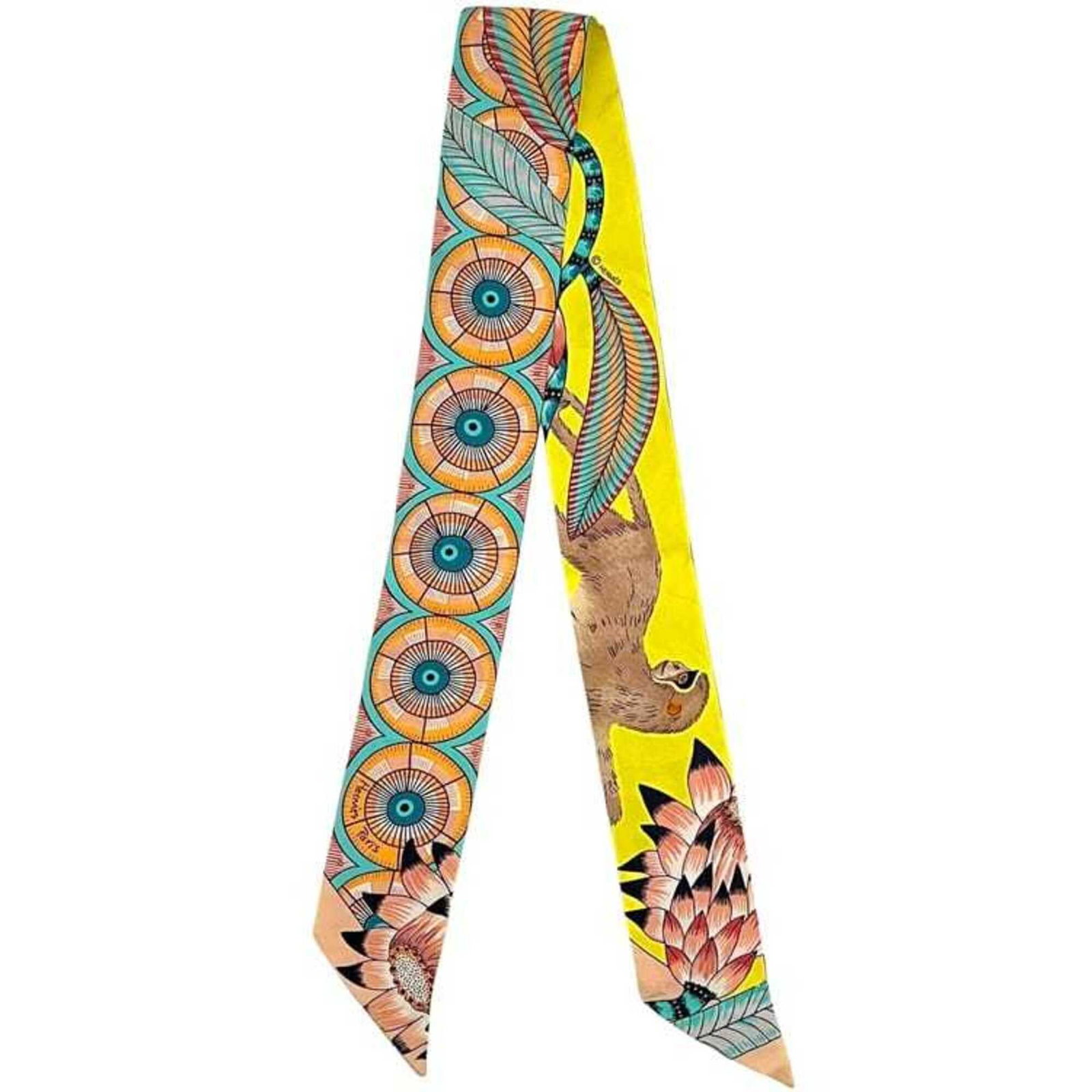 Silk Hermes Scarf: Silk Hermes Scarf Silk from France, this Hermes scarf features a vibrant green and yellow color combination. Made from high-quality silk, it measures 84cm x 5cm. The scarf bears a signature, a notable
