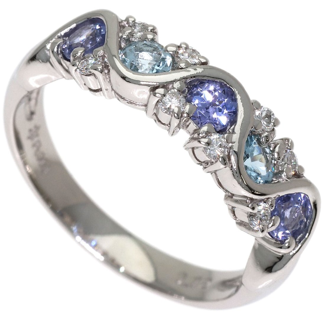 Diamond Ring Platinum Tanzanite Aquamarine 5.4G Pt900: Diamond Ring Platinum Tanzanite Aquamarine 5.4G Pt900 Platinum ring featuring a stunning aquamarine stone, set in a sleek platinum band. The ring boasts a total carat weight of 0.12ct, showcasing a
