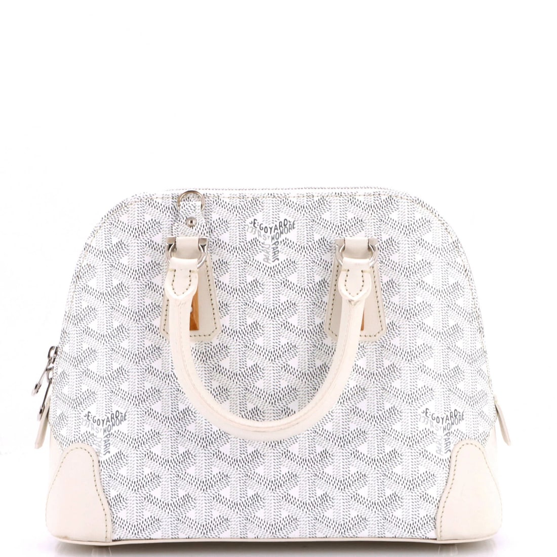 Vendome Coated Mini Canvas Goyard Bag: Vendome Coated Mini Canvas Goyard Bag White Vendome Coated Mini Canvas Goyard Bag with Touch Up on Edges and Base Corners, Measuring 7" Height, 9" Width, and 4" Depth, Featuring Scuffed Handles and