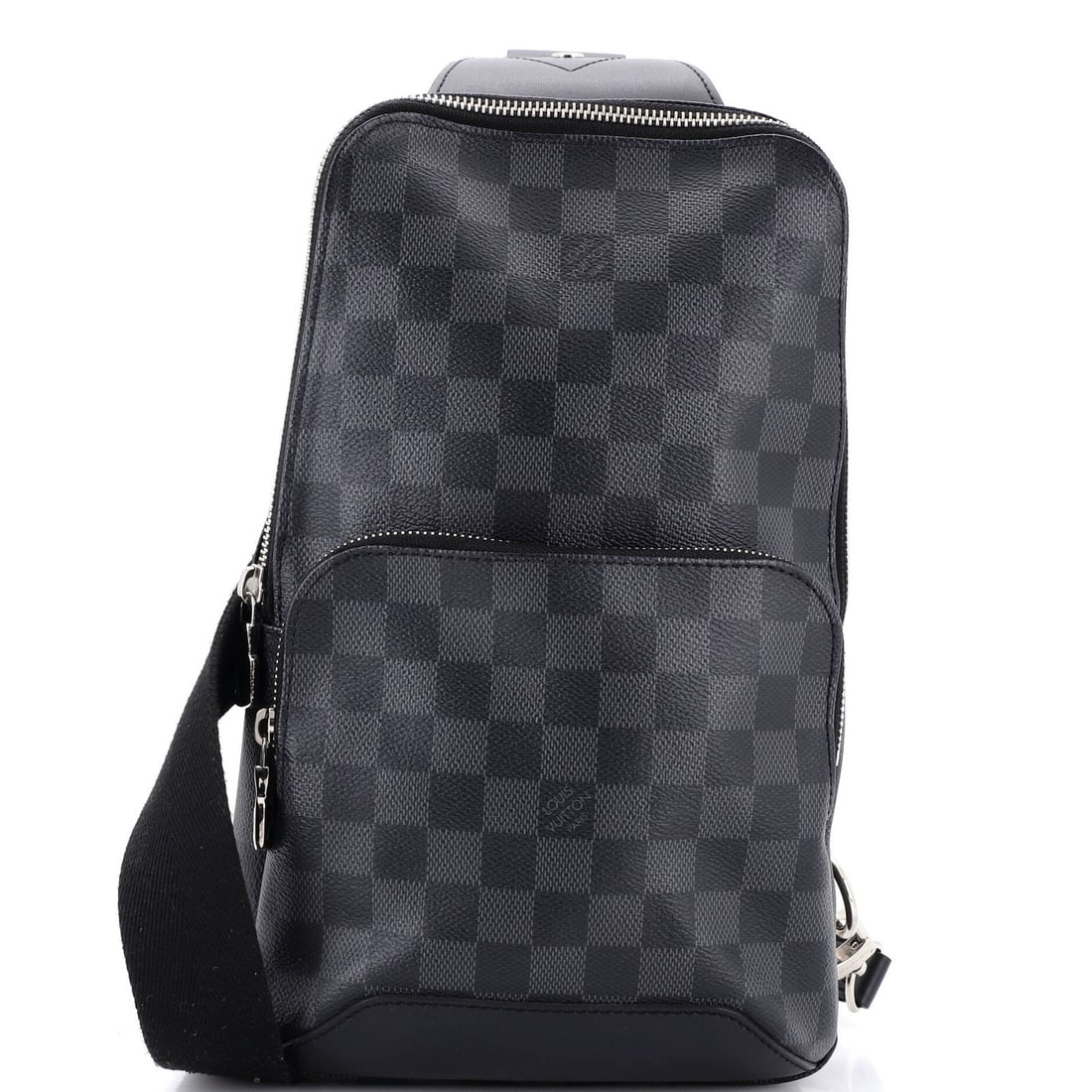 Damier Graphite Sling Bag Avenue Louis Vuitton: Damier Graphite Sling Bag Avenue Louis Vuitton Black Damier Graphite canvas coated cross body bag with silver hardware, featuring a classic Avenue Sling Bag design. The bag has a sturdy handle drop