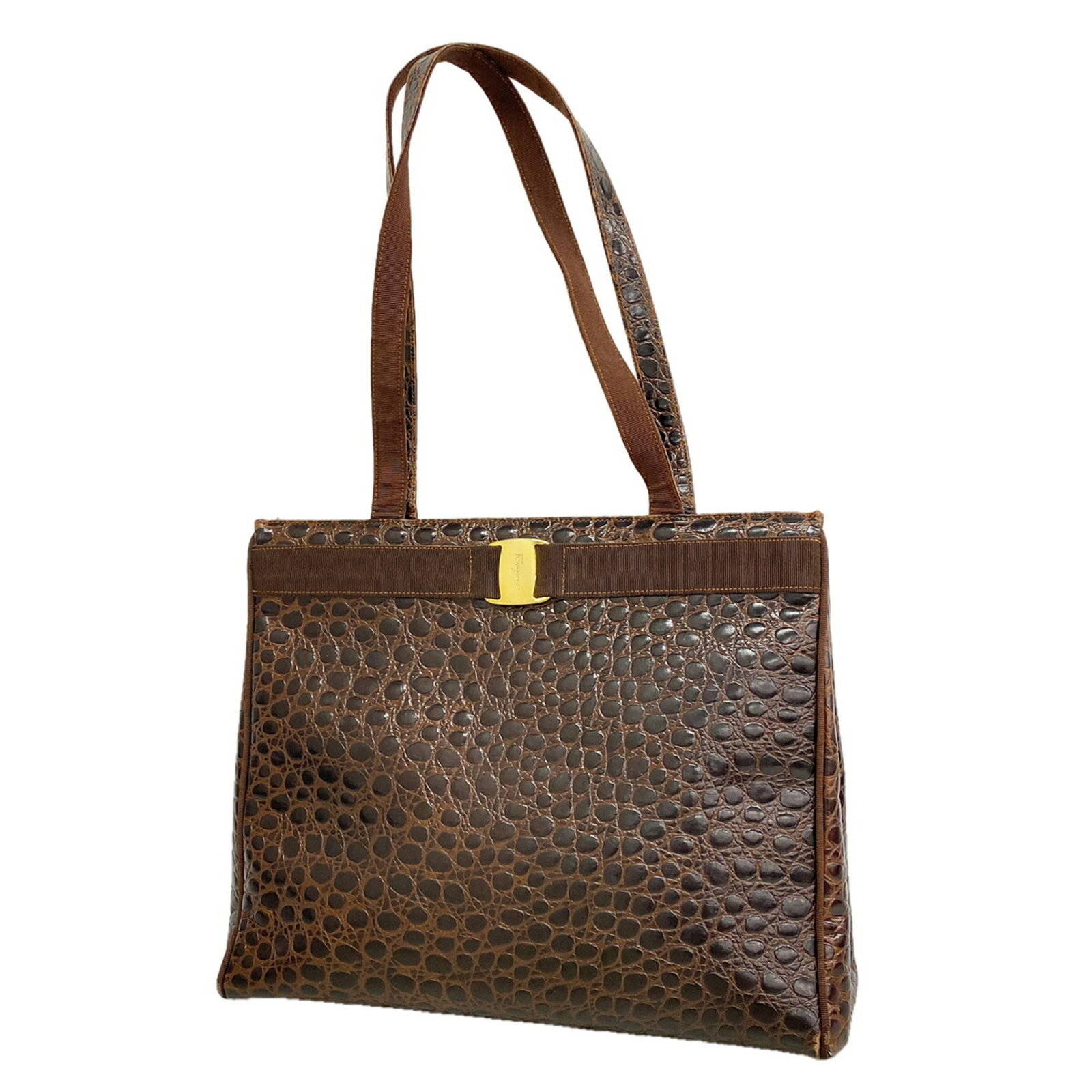 Ferragamo Leather Shoulder Bag: Ferragamo Leather Shoulder Bag Brown leather shoulder bag with gold hardware, measuring 29cm x 35.5cm x 12.5cm, bearing a signature. This shoulder bag features high-quality leather construction and