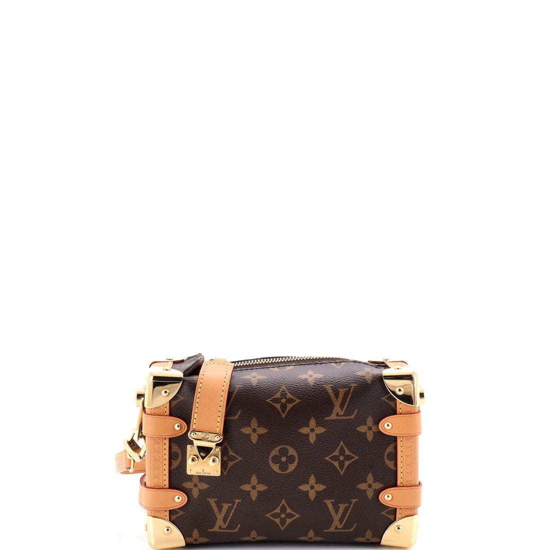 Side trunk Louis Vuitton handbag monogram canvas: Side trunk Louis Vuitton handbag monogram canvas Side trunk Louis Vuitton handbag monogram canvas, a classic design with timeless appeal, boasts a rich brown exterior and gold hardware. Measuring 5"