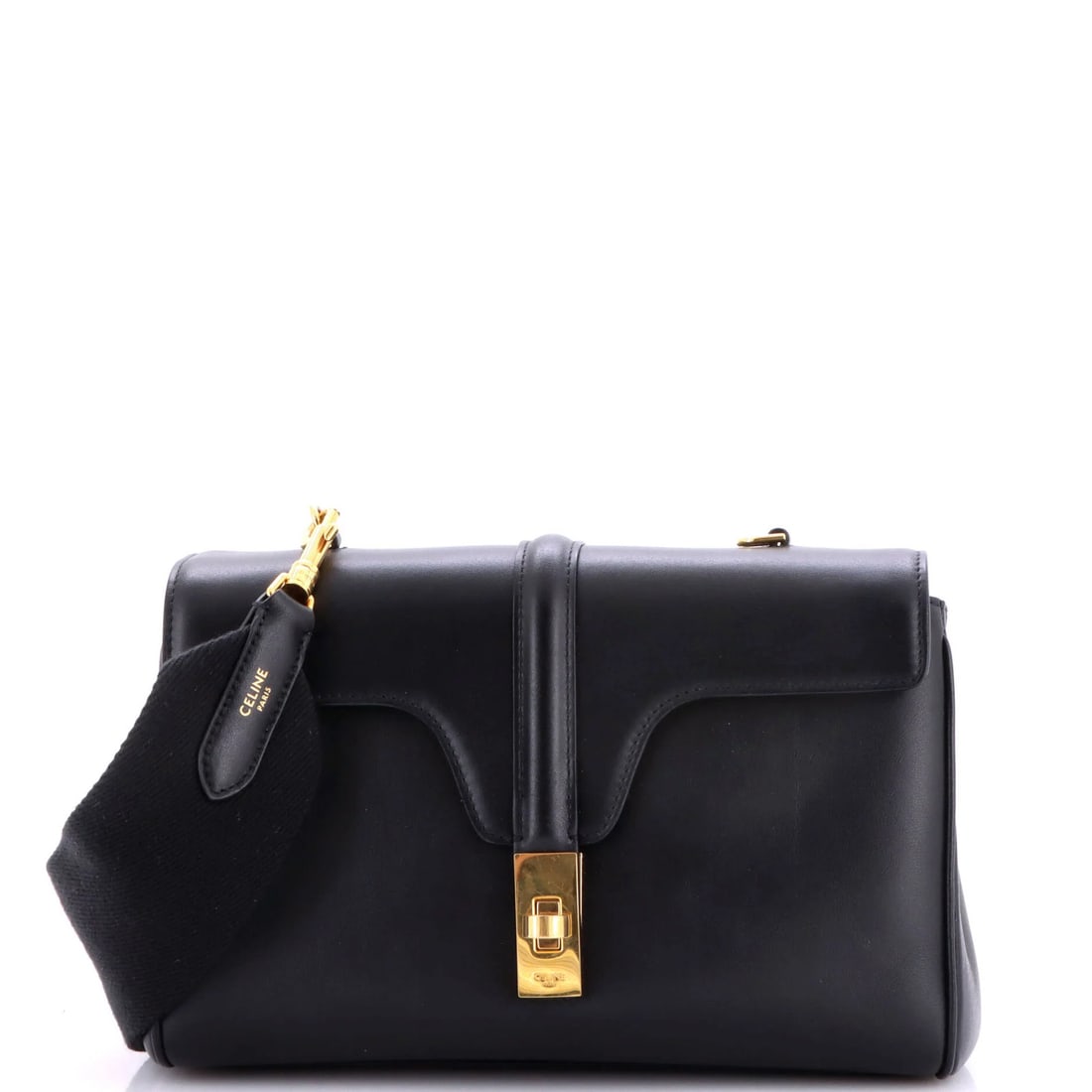 Calfskin Teen Bag Soft 16 Celine: Calfskin Teen Bag Soft 16 Celine Soft and stylish, this Celine Soft 16 Teen Bag features smooth calfskin exterior in black leather, adorned with gold hardware. The bag boasts a sleek design with a 20"