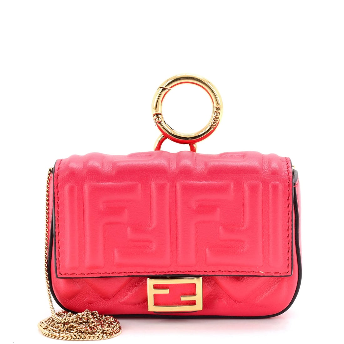 Nano Zucca Leather Embossed Bag Charm Fendi Chain Baguette: Nano Zucca Leather Embossed Bag Charm Fendi Chain Baguette The Fendi Chain Baguette charm bag features a striking pink Zucca embossed leather exterior, adorned with a gold chain strap and a delicate c