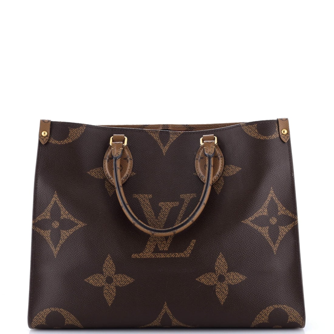 Louis Vuitton OnTheGo Tote Reverse Monogram Giant MM: Louis Vuitton OnTheGo Tote Reverse Monogram Giant MM Brown Louis Vuitton OnTheGo Tote Reverse Monogram Giant MM features a classic canvas coated exterior with a signature reverse monogram pattern.