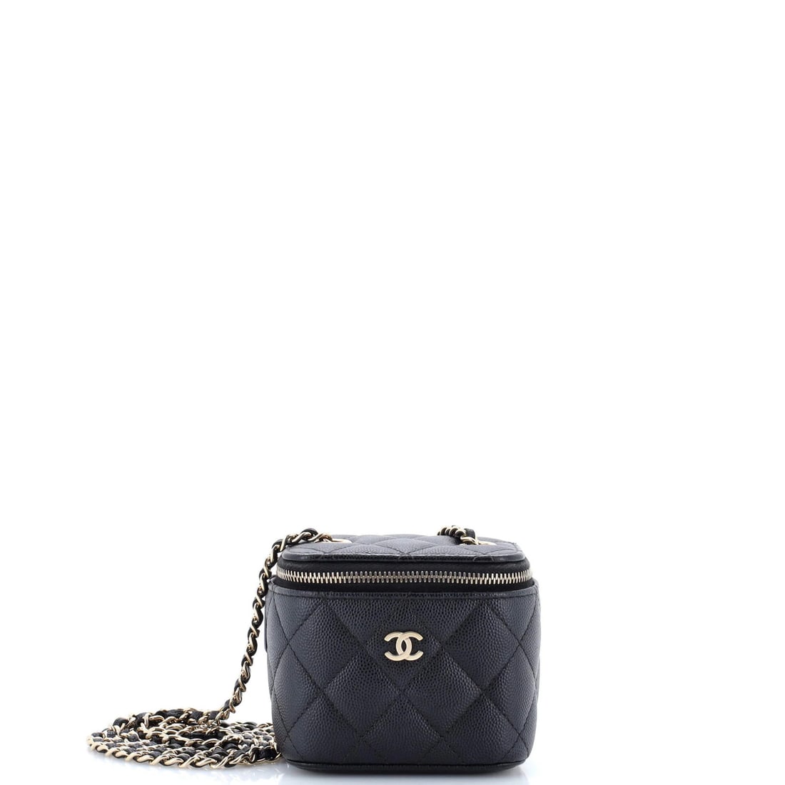 Vanity Case Quilted Caviar with Chain Classic Chanel: Vanity Case Quilted Caviar with Chain Classic Chanel Black leather Classic Vanity Case with Chain Quilted Caviar Mini from Chanel features a quilted design and chain-link trim, with minor creases on t