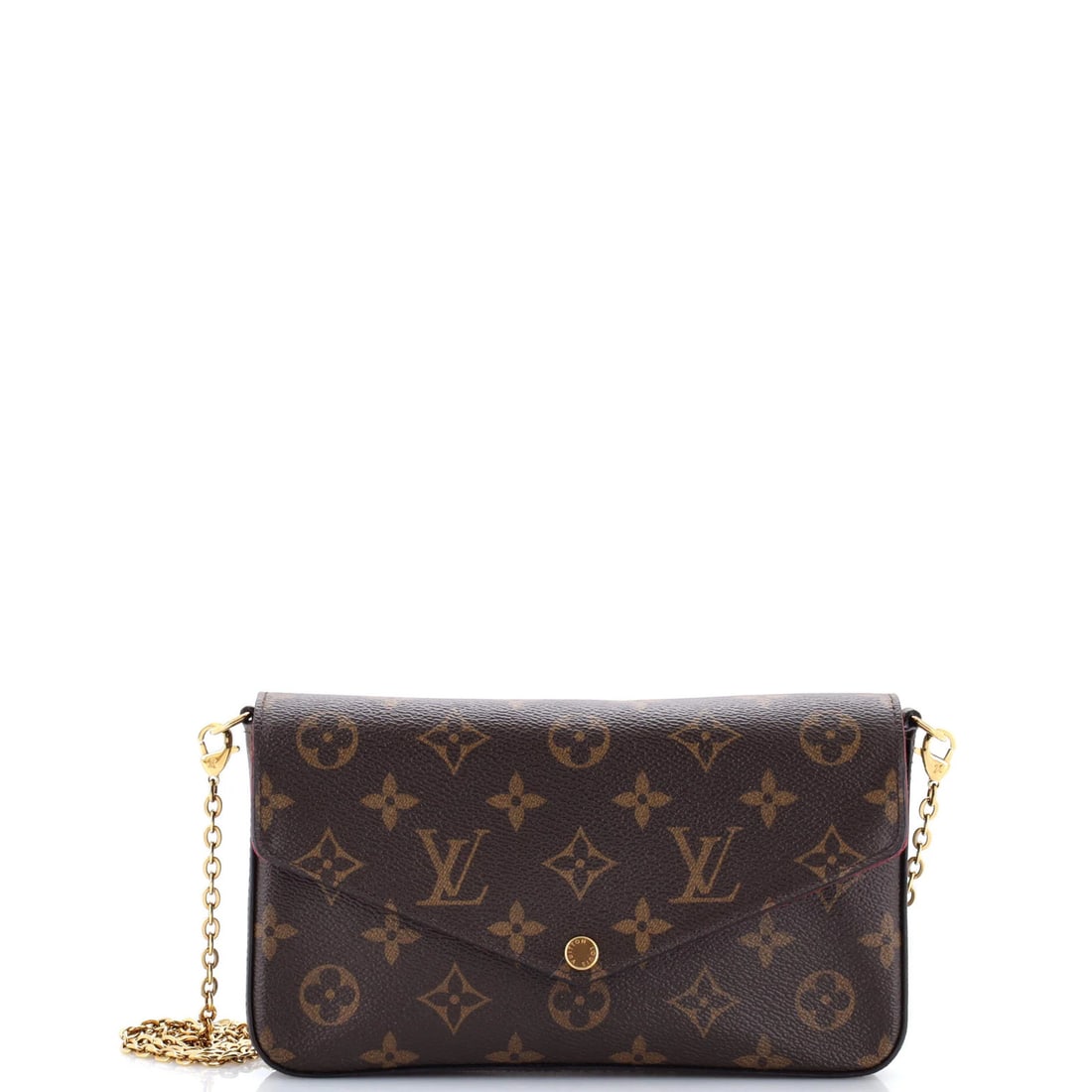 Monogram Pochette Canvas Vuitton Felicie Louis: Monogram Pochette Canvas Vuitton Felicie Louis Canvas coated Monogram Pochette with card holder and gold hardware, featuring a classic cross body design and signature Felicie Louis style. This brown