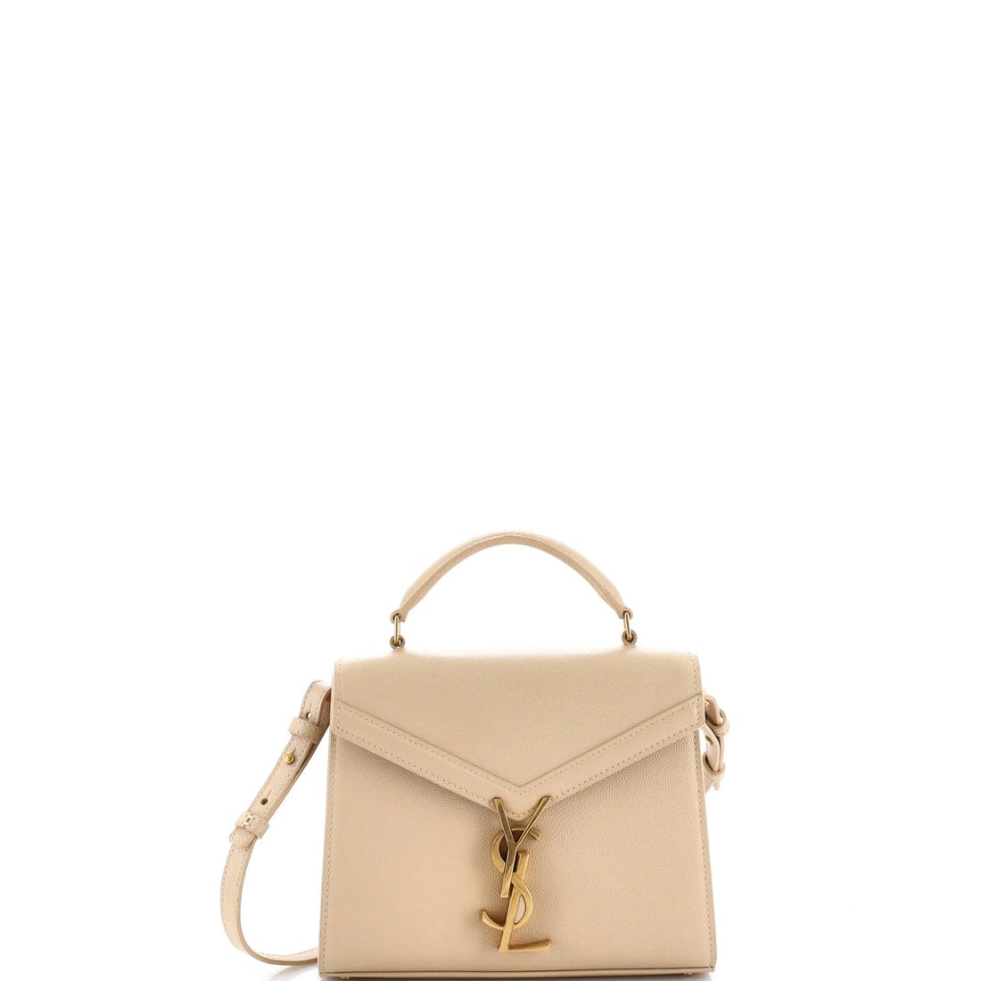 Saint Laurent Mini Leather Handle Bag Cassandra Top: Saint Laurent Mini Leather Handle Bag Cassandra Top The Saint Laurent Mini Leather Handle Bag Cassandra Top is a neutral-toned, mini shoulder bag with a gold-toned handle and black interior.