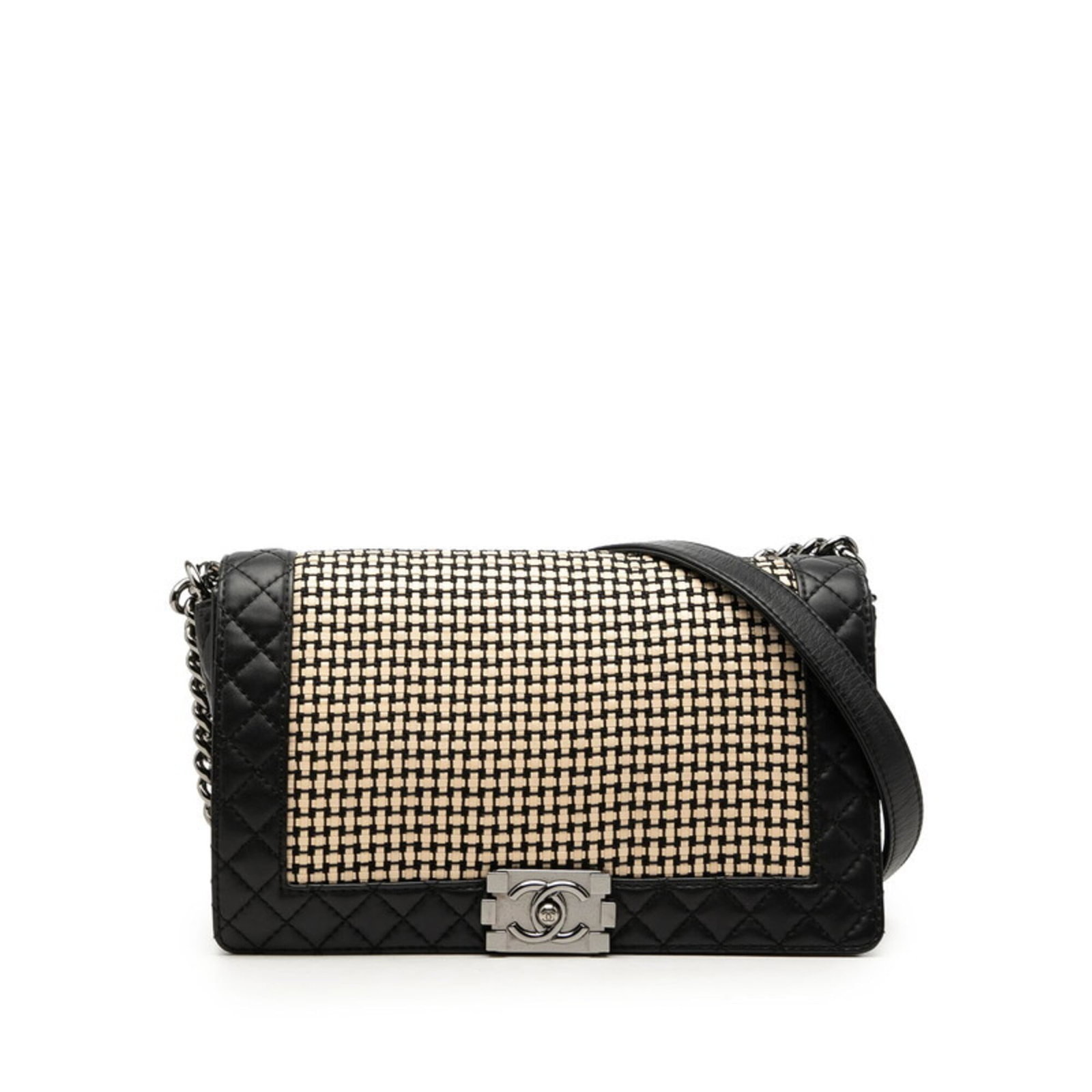 Shoulder Bag Leather Chanel: Shoulder Bag Leather Chanel This beige or black leather shoulder bag from Chanel features a classic design with clean lines and a timeless silhouette. Measuring 18.5cm x 27.5cm x 5cm, it is a compact