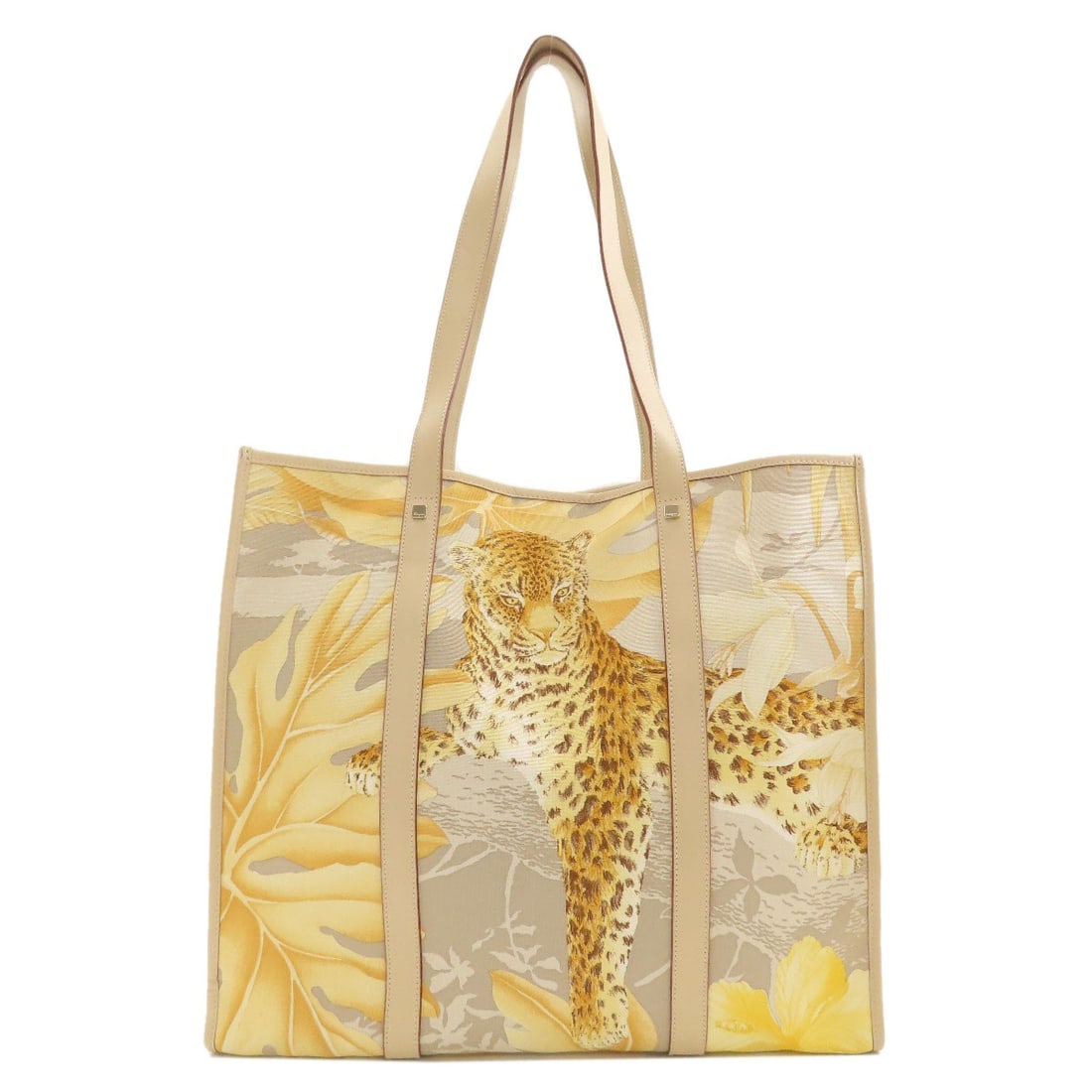 Ferragamo Salvatore Leopard Tote Bag Canvas: Ferragamo Salvatore Leopard Tote Bag Canvas Yellow canvas tote bag with Salvatore Ferragamo style, bearing the brand's signature. This canvas tote bag features a vibrant yellow exterior and is a