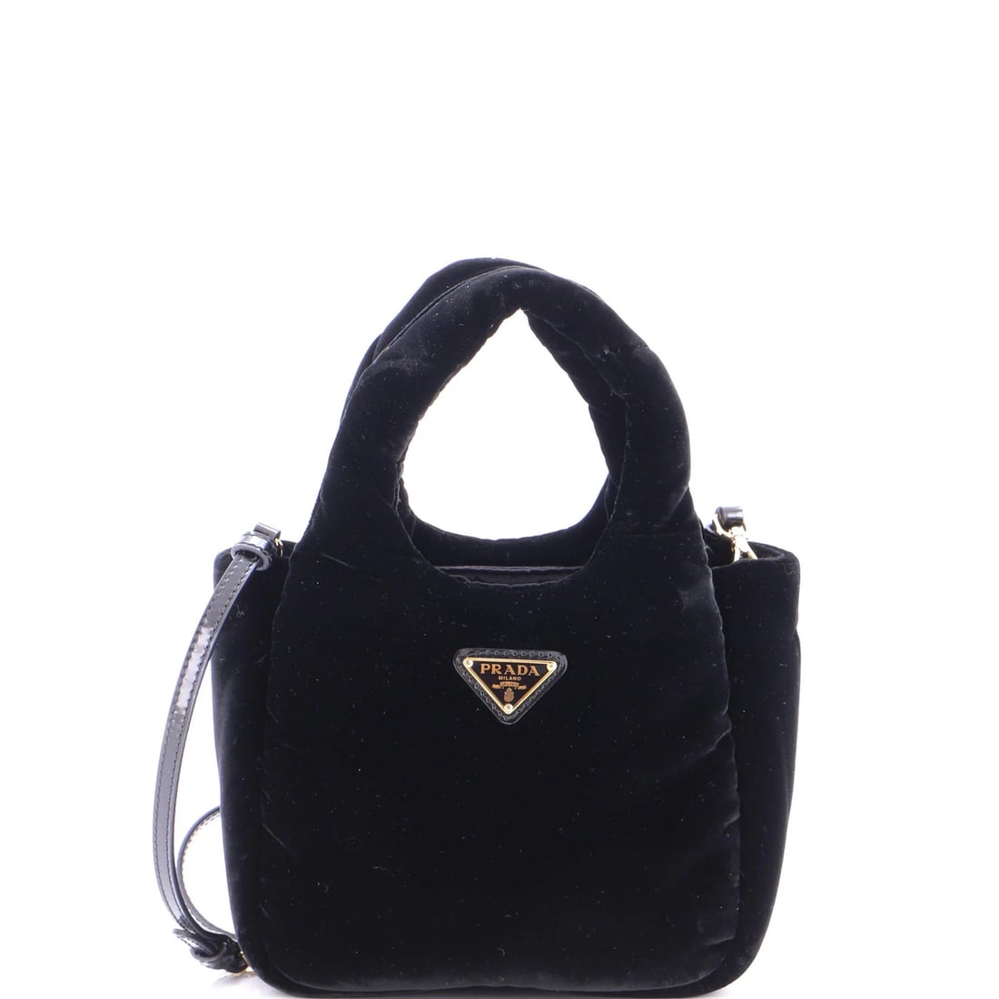 Soft Padded Mini Tote Prada Velvet: Soft Padded Mini Tote Prada Velvet Soft Padded Mini Tote in Prada Velvet Black. This mini velvet tote boasts a soft padded interior and gold hardware, adding a touch of luxury to its sleek design. Wit